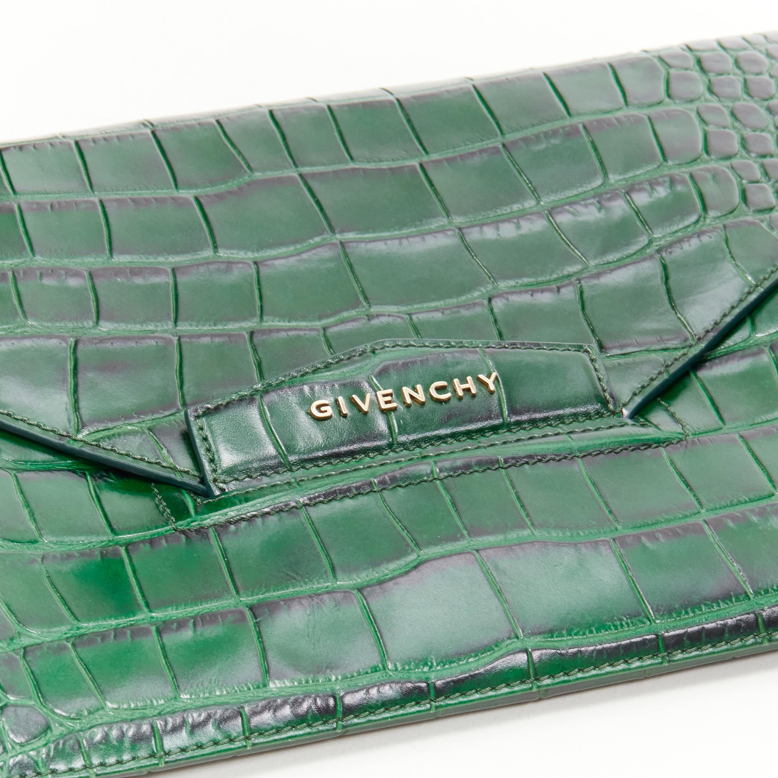 Black GIVENCHY Antigona green mock croc leather flap envelope clutch bag