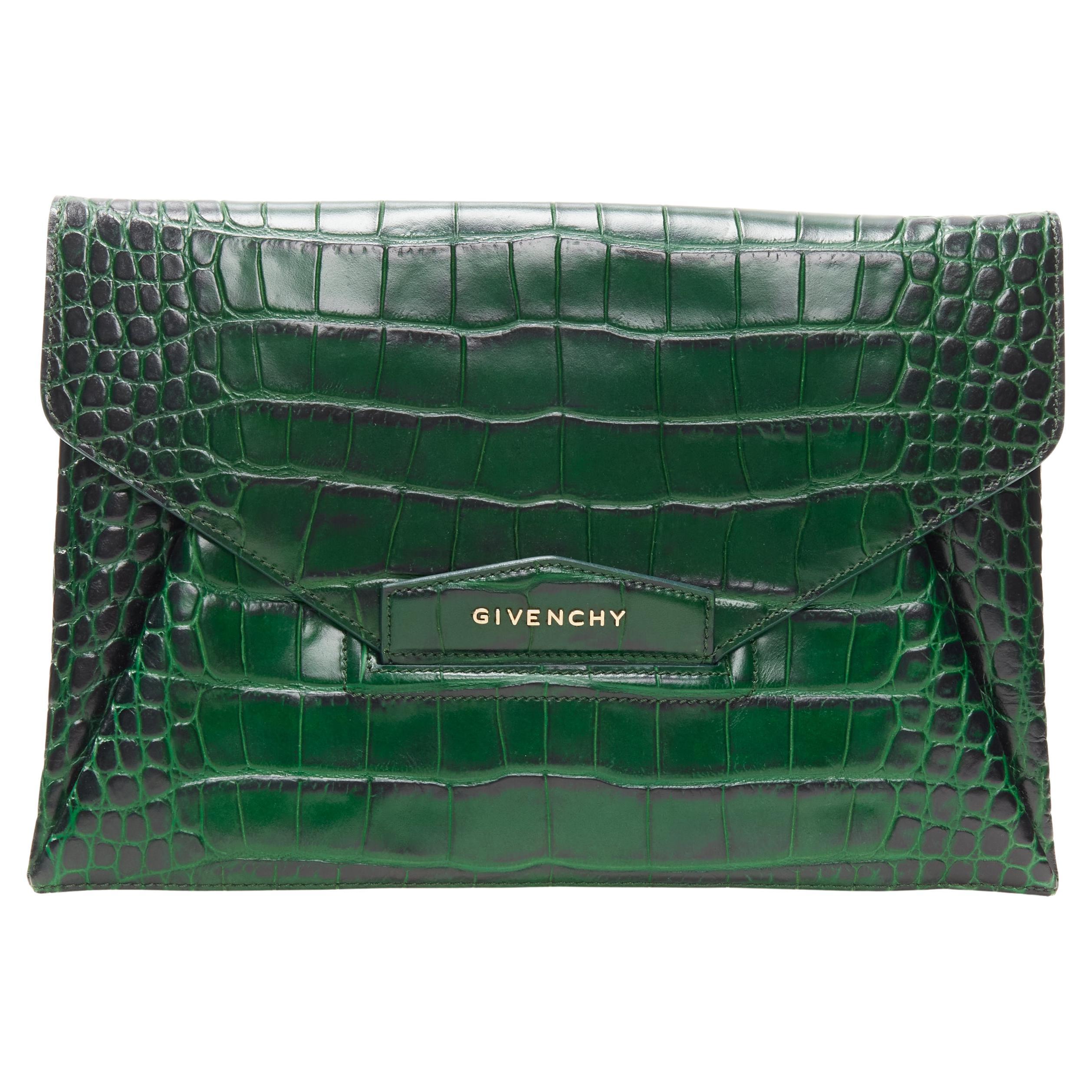 GIVENCHY Antigona green mock croc leather flap envelope clutch bag