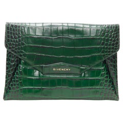 Used GIVENCHY Antigona green mock croc leather flap envelope clutch bag