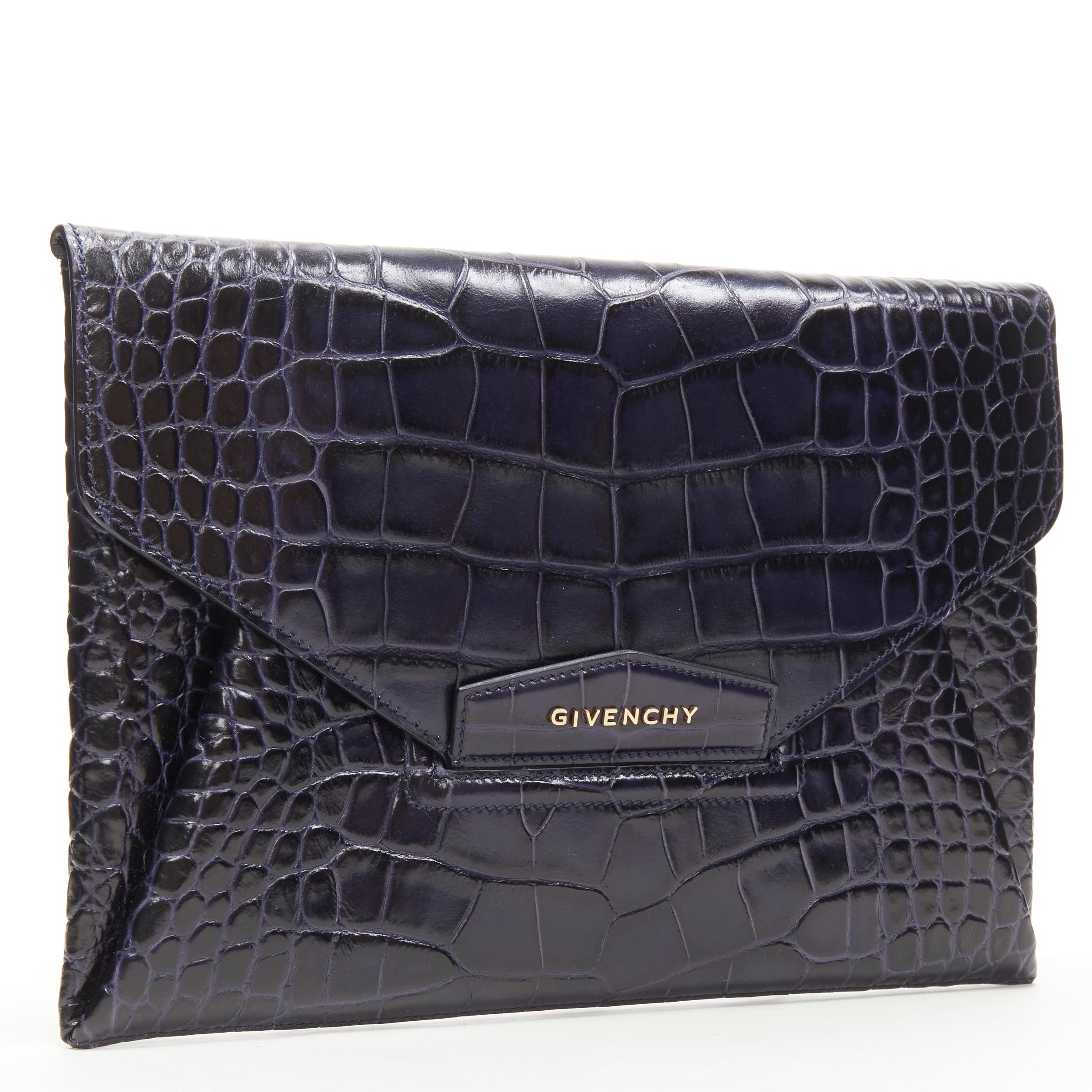 Black GIVENCHY Antigona navy mock croc leather flap envelope clutch bag