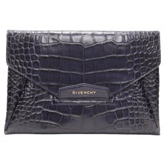 Used GIVENCHY Antigona navy mock croc leather flap envelope clutch bag