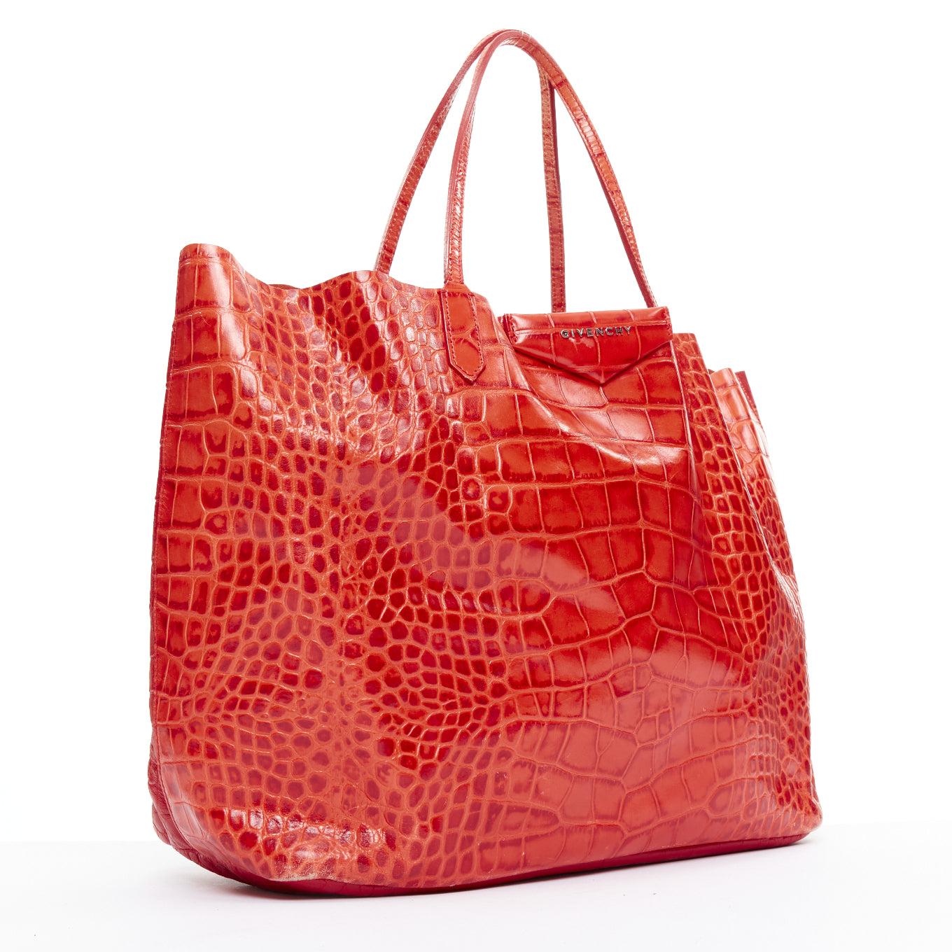 Red GIVENCHY Antigona red stamped scaled leather silver logo tote bag