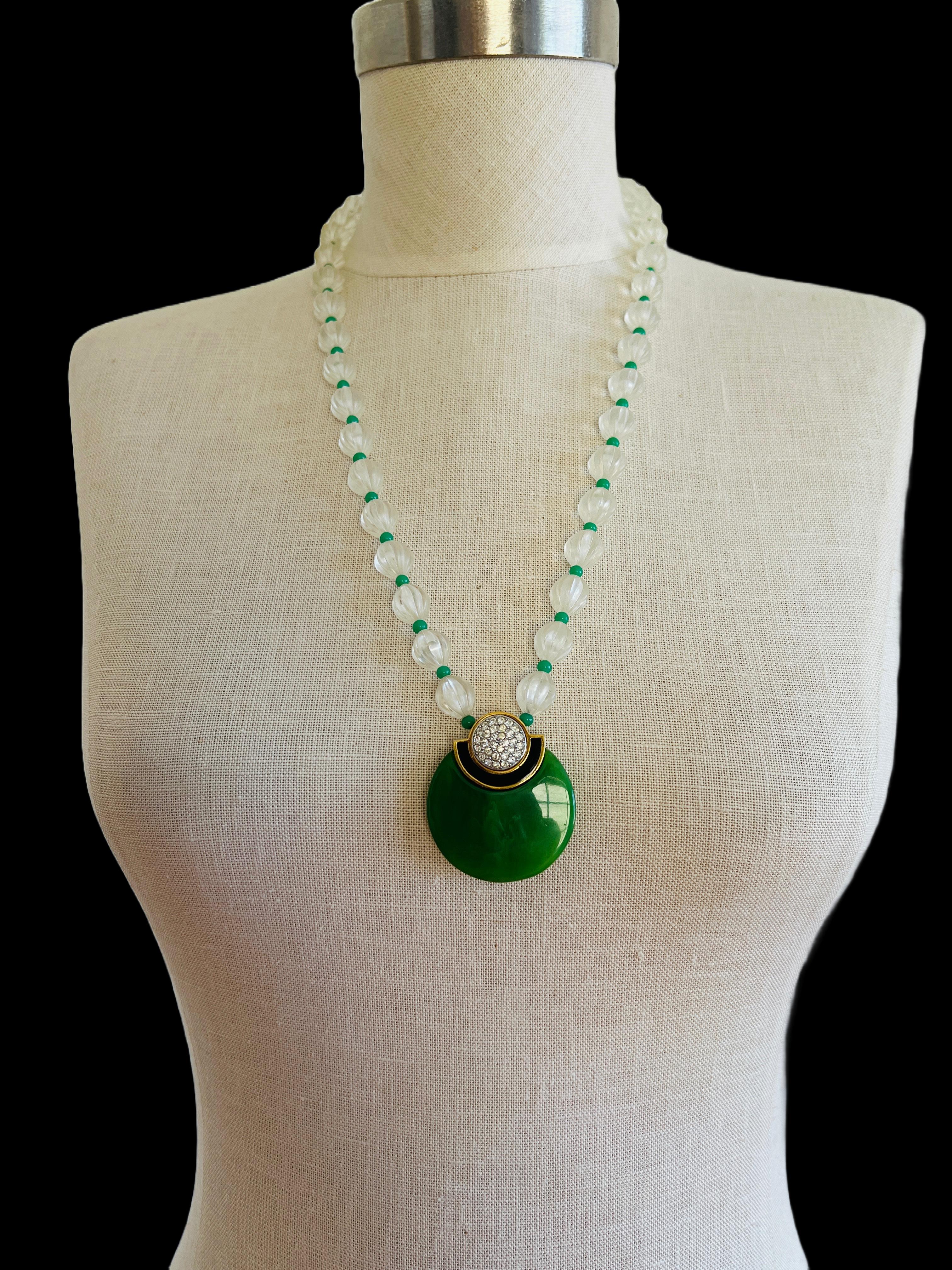 Givenchy Art Deco Style Lucite Imitation Green Jade Black Rhinestone Necklace In Good Condition In Sausalito, CA