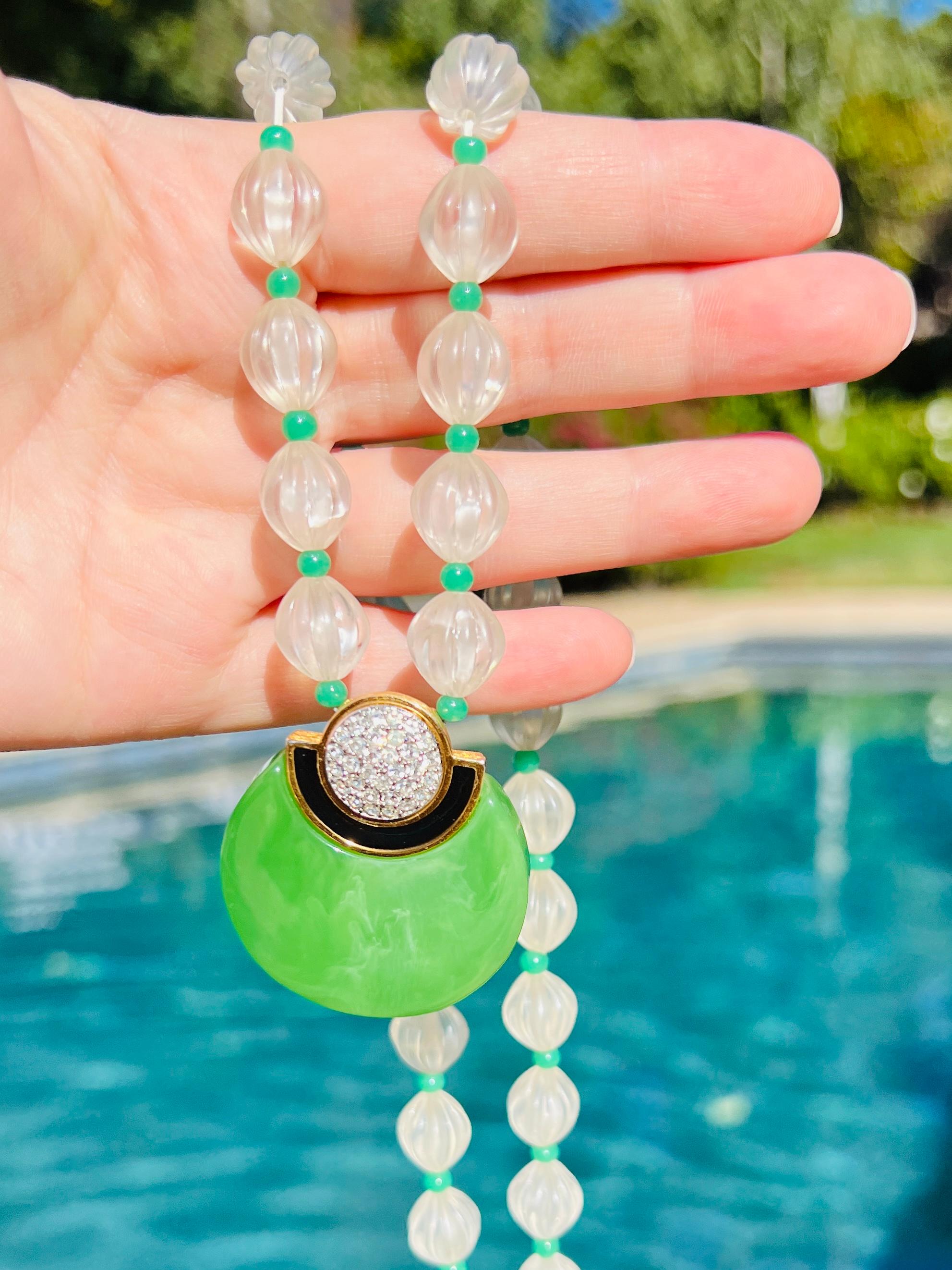 Women's Givenchy Art Deco Style Lucite Imitation Green Jade Black Rhinestone Necklace