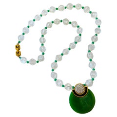 Retro Givenchy Art Deco Style Lucite Imitation Green Jade Black Rhinestone Necklace