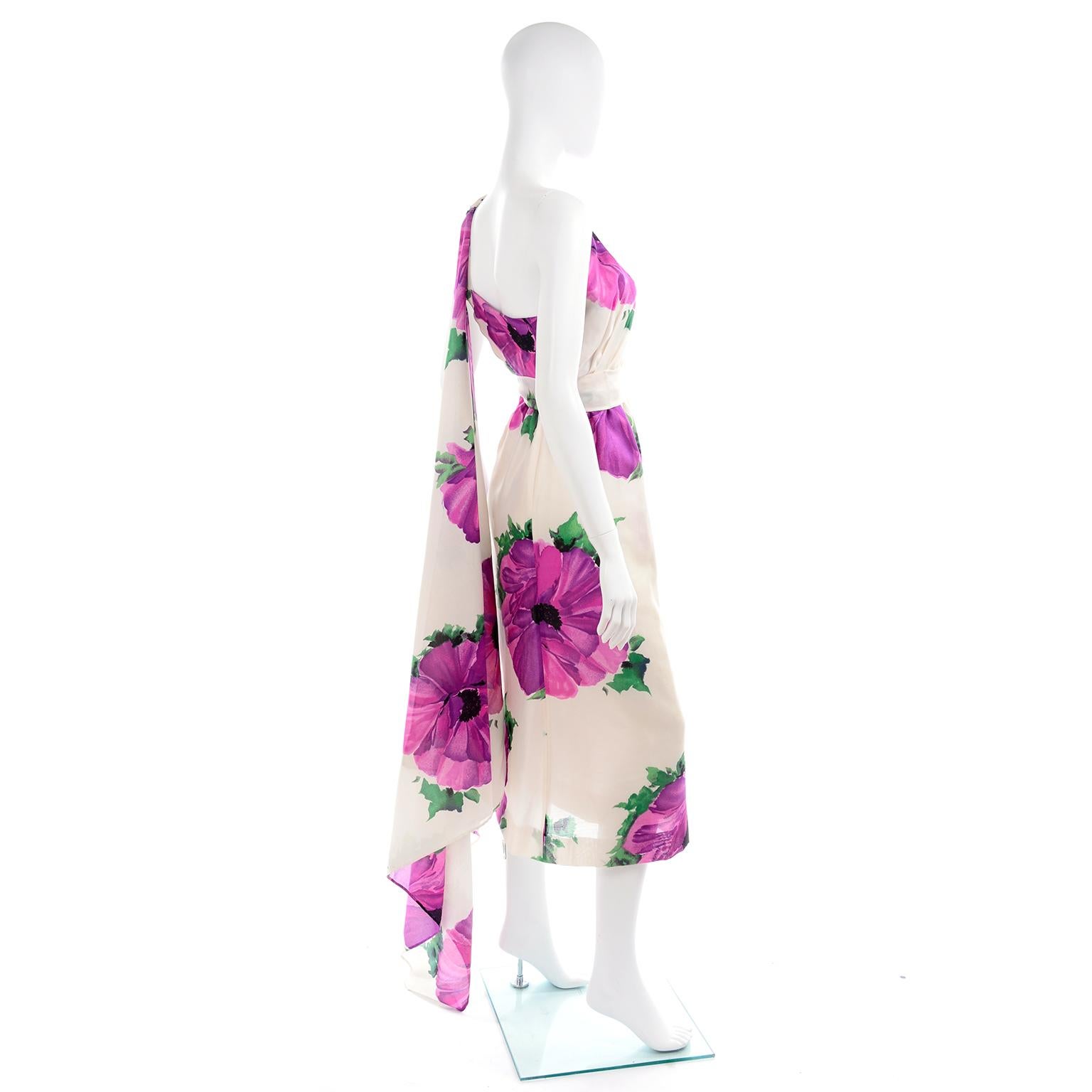 Givenchy Att Haute Couture Vintage Purple Pink Floral Silk Dress & Atelier Hat In Excellent Condition For Sale In Portland, OR