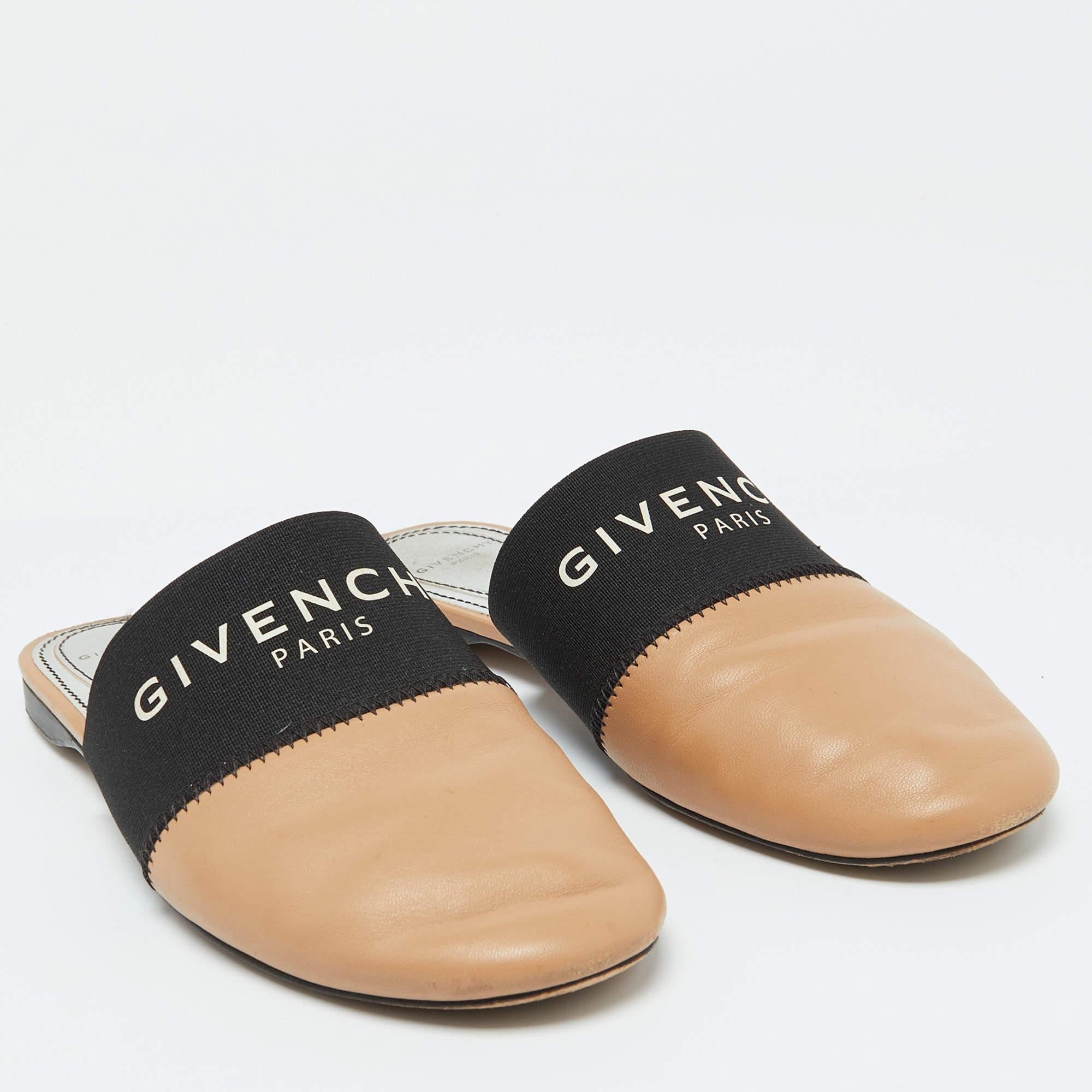 Women's Givenchy Beige/Black Leather Logo Elastic Flat Mules Size 35