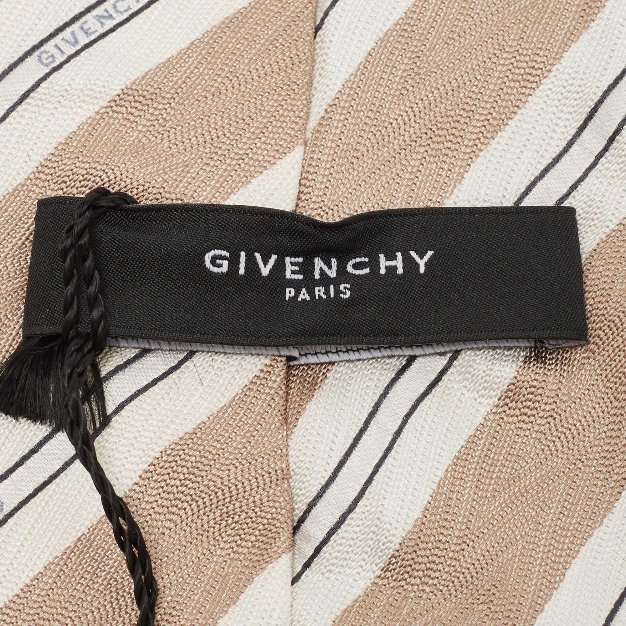 Givenchy Beige Logo Diagonal Striped Silk Tie In Excellent Condition For Sale In Dubai, Al Qouz 2