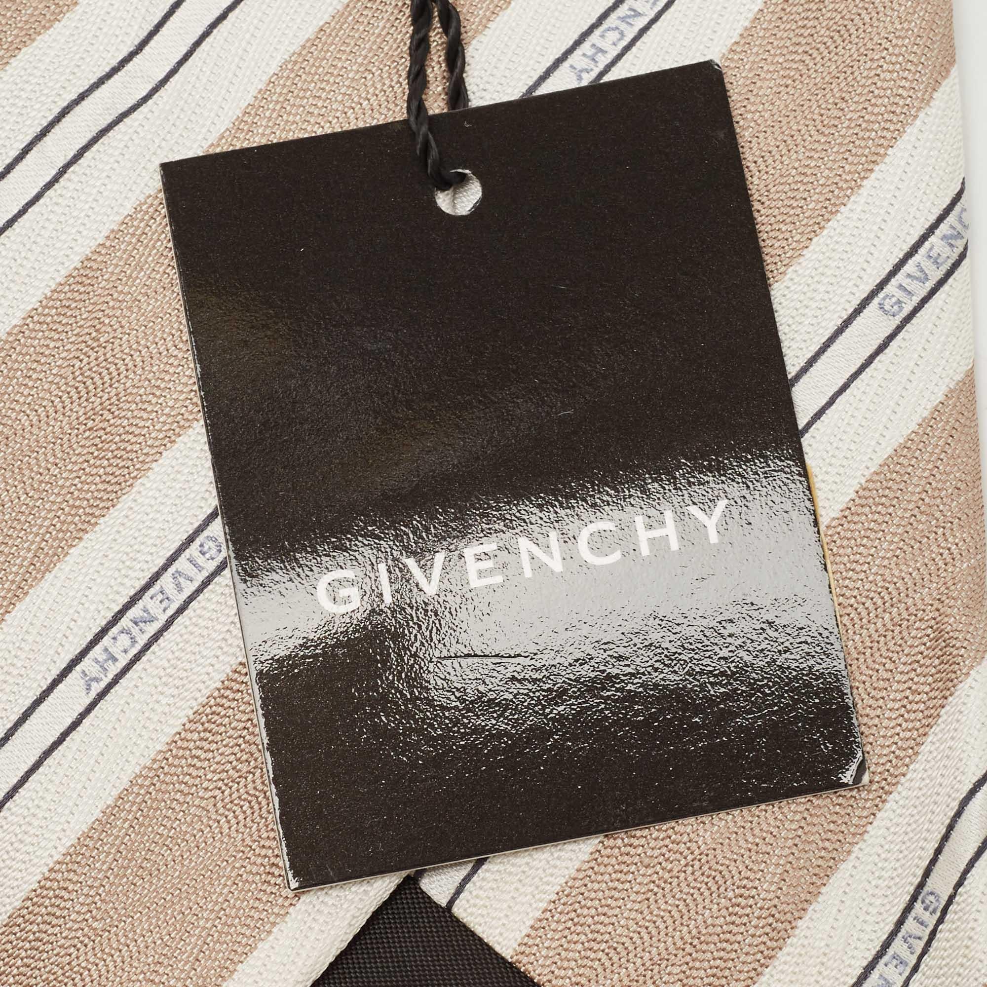 Givenchy Beige Logo Diagonal Striped Silk Tie For Sale 1