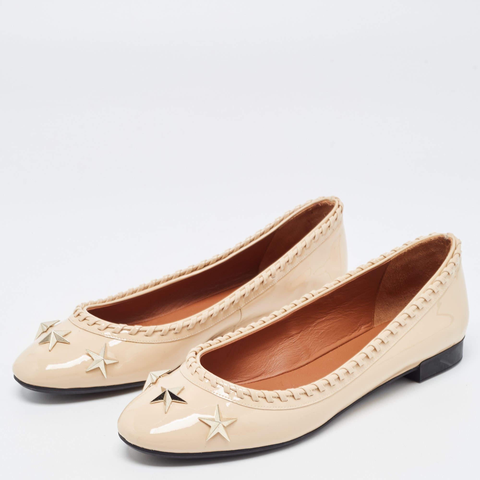 Givenchy Beige Patent Whipstitch Detail Star Studded Ballet Flats Size 39.5 3