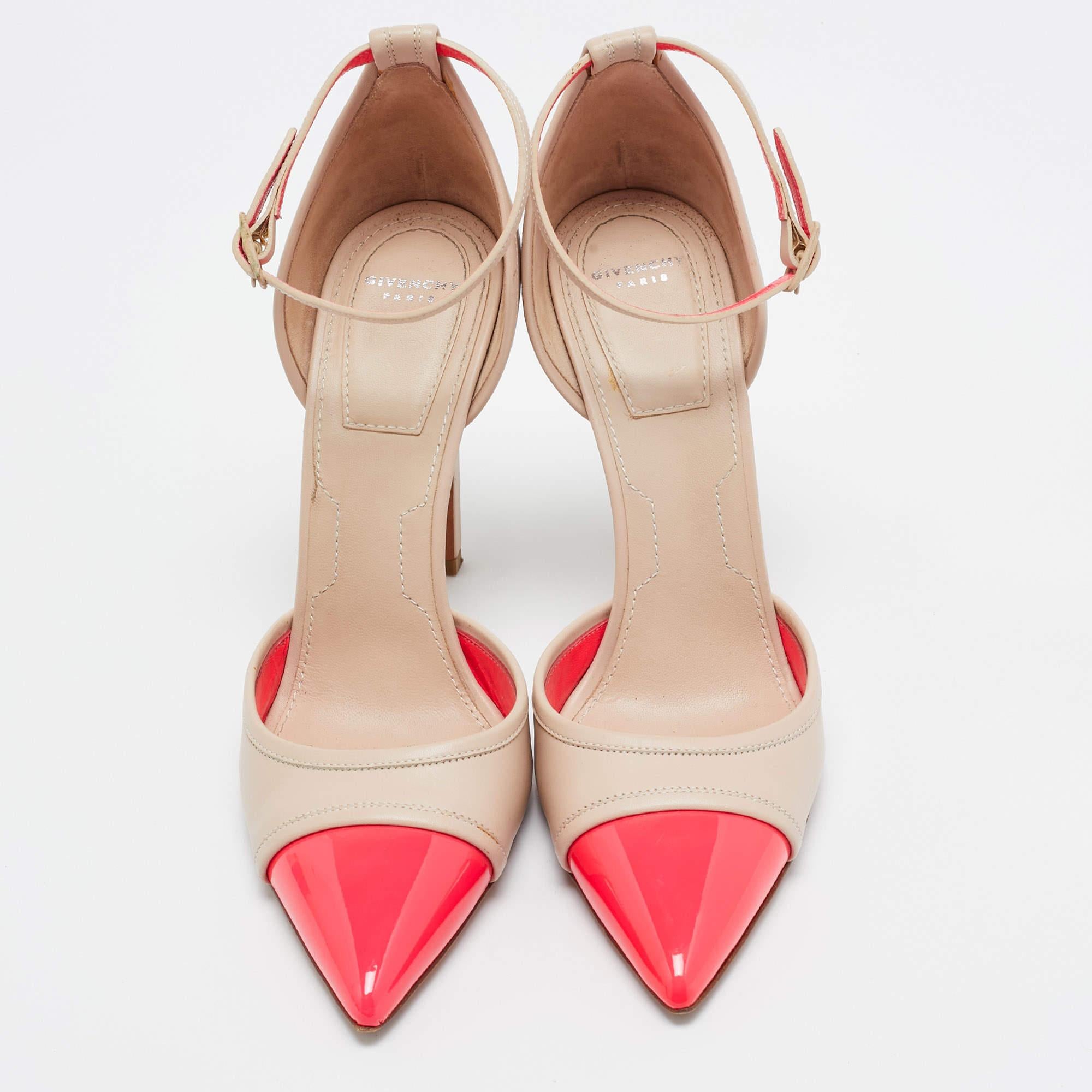 Givenchy Beige/Pink Leather and Patent Ankle Strap Pumps Size 37.5 In Good Condition For Sale In Dubai, Al Qouz 2