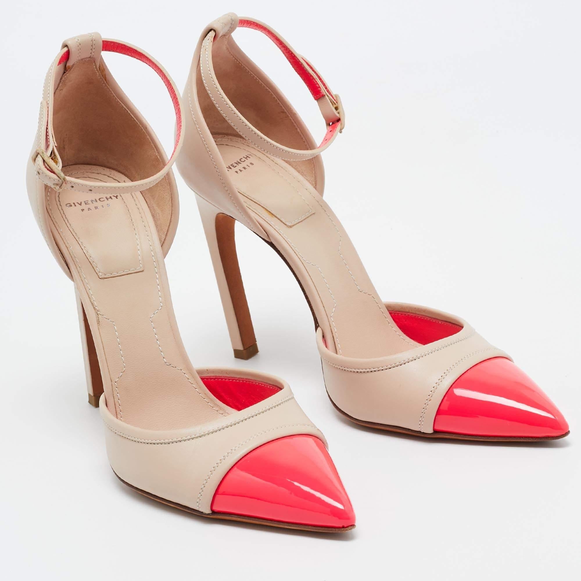 Women's Givenchy Beige/Pink Leather and Patent Ankle Strap Pumps Size 37.5 For Sale