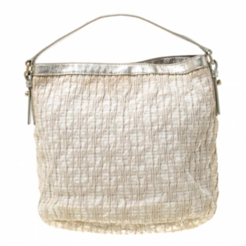 Hobo piccolo in tela e pelle scintillante beige di Givenchy in vendita 2