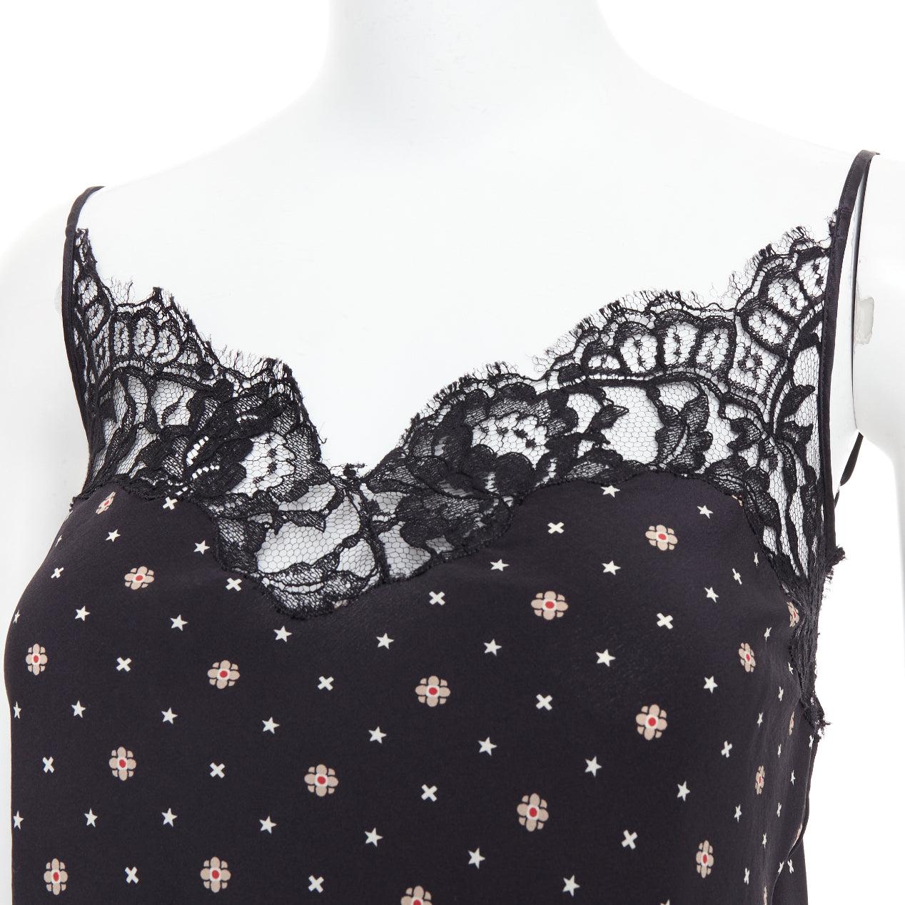 GIVENCHY black 100% silk floral cotton blend lace trim camisole FR34 XS 2