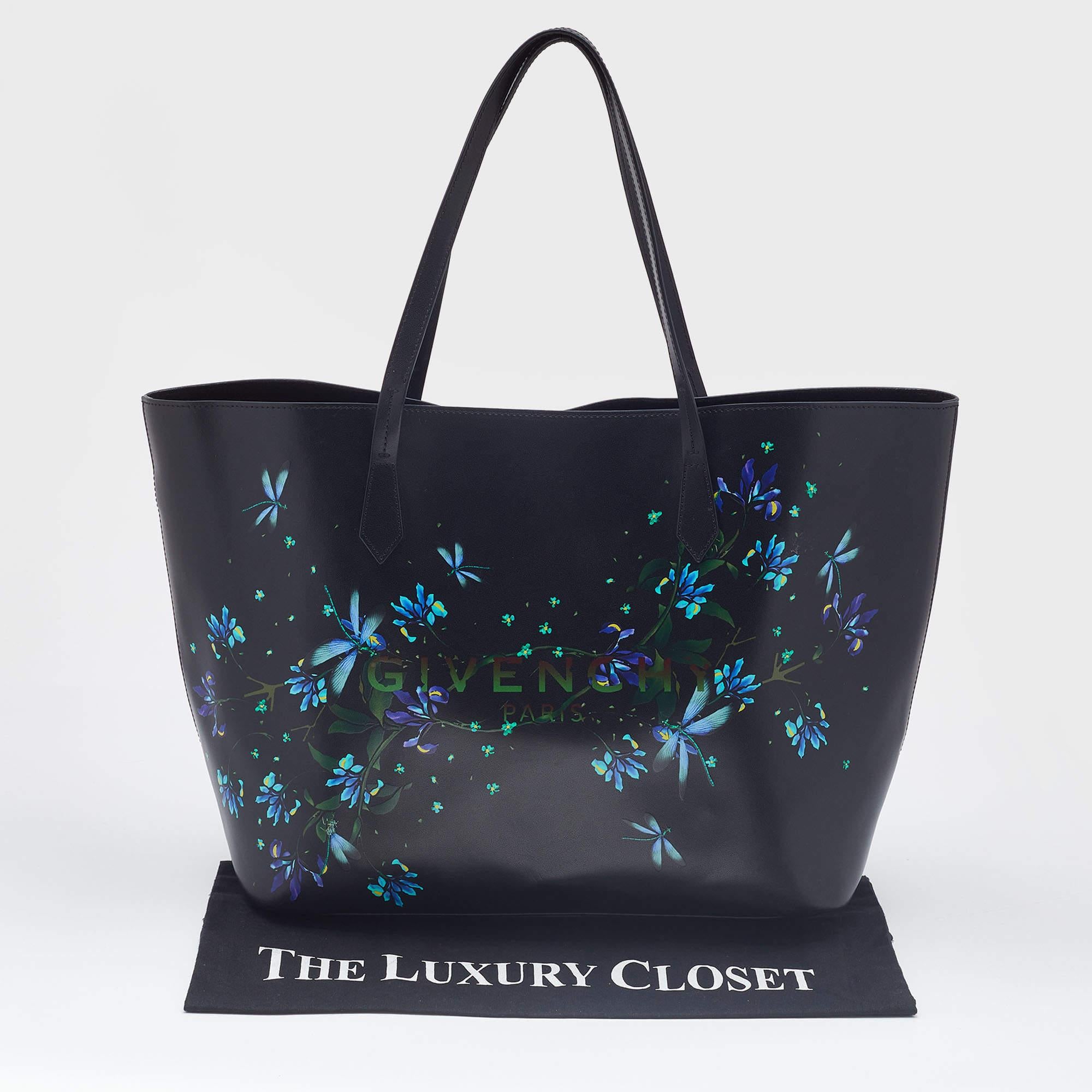 Givenchy Black/Blue Leather Floral Print Logo Tote 8