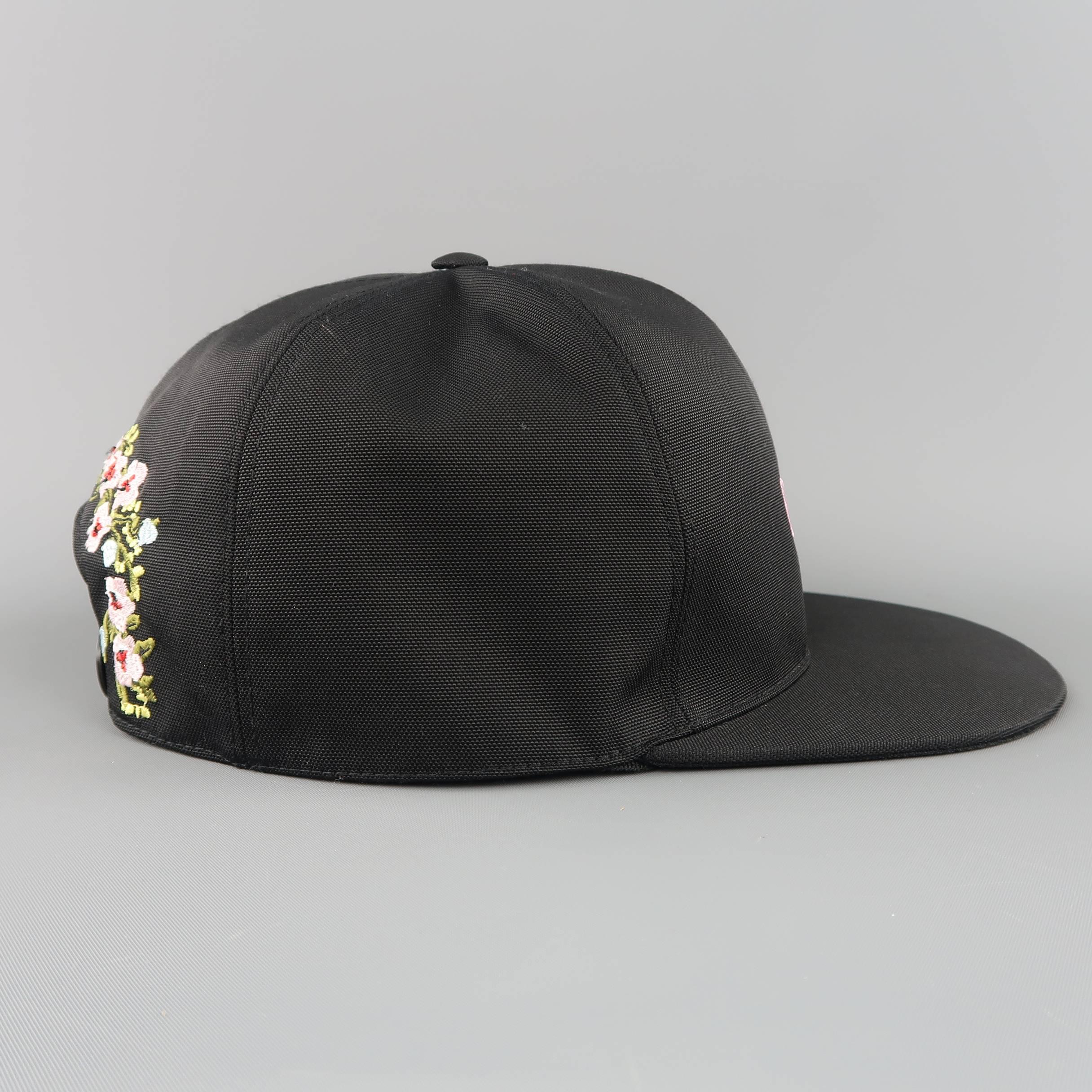 Givenchy Black Canvas Pink Logo Floral Embroidered Snap Back Cap In Excellent Condition In San Francisco, CA