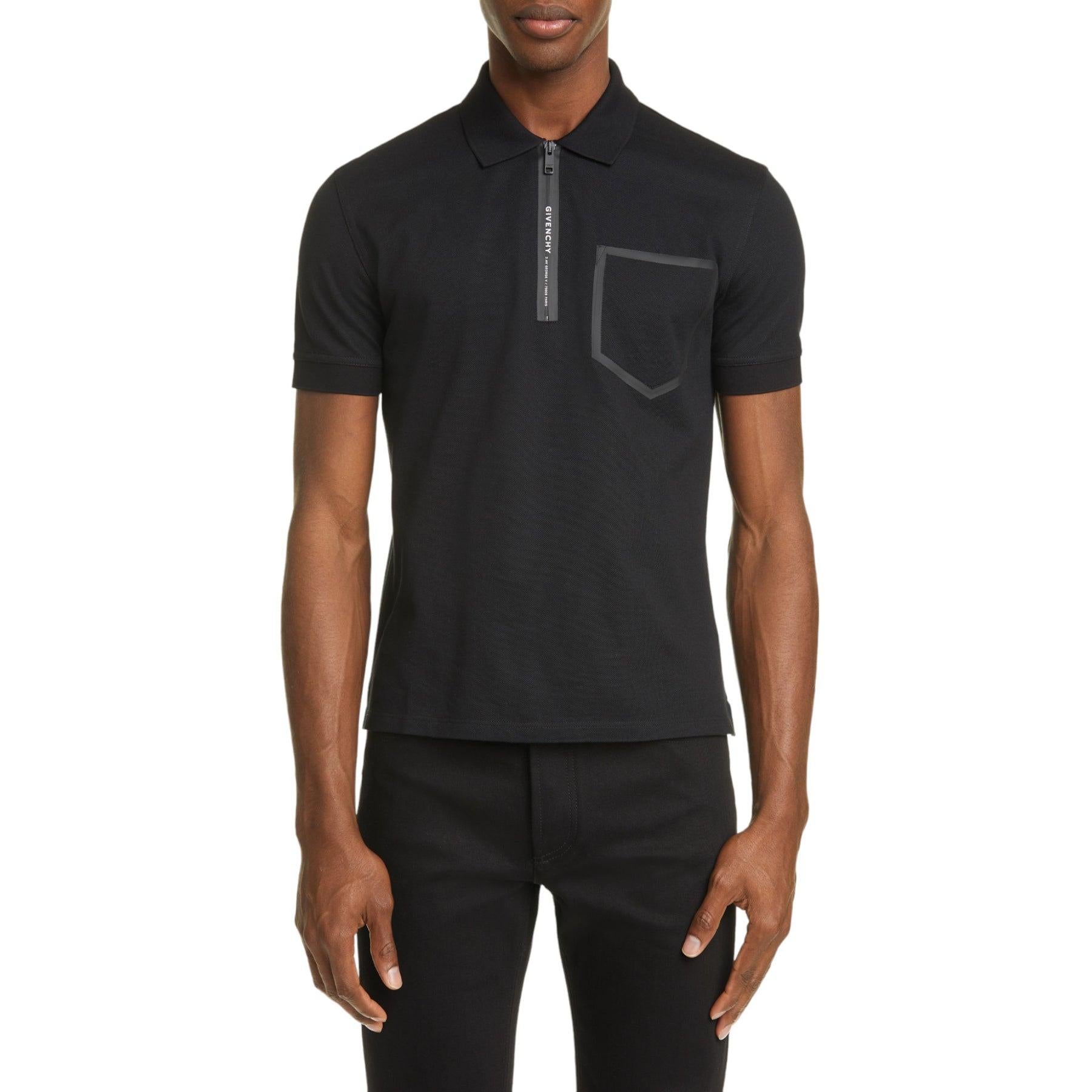Black cotton piqué polo by Givenchy.  Zipper with heat-bonded black and white Adresse GIVENCHY band. V-shaped breast pocket trimmed with a heat-bonded solid black band. Slim fit. Small slits on the sides. Slightly longer cut in the back.

Additional