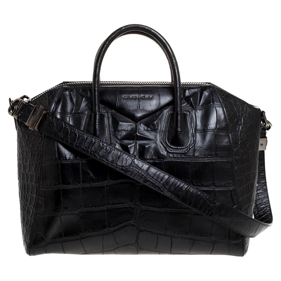 Givenchy Black Croc Embossed Leather Medium Antigona Satchel