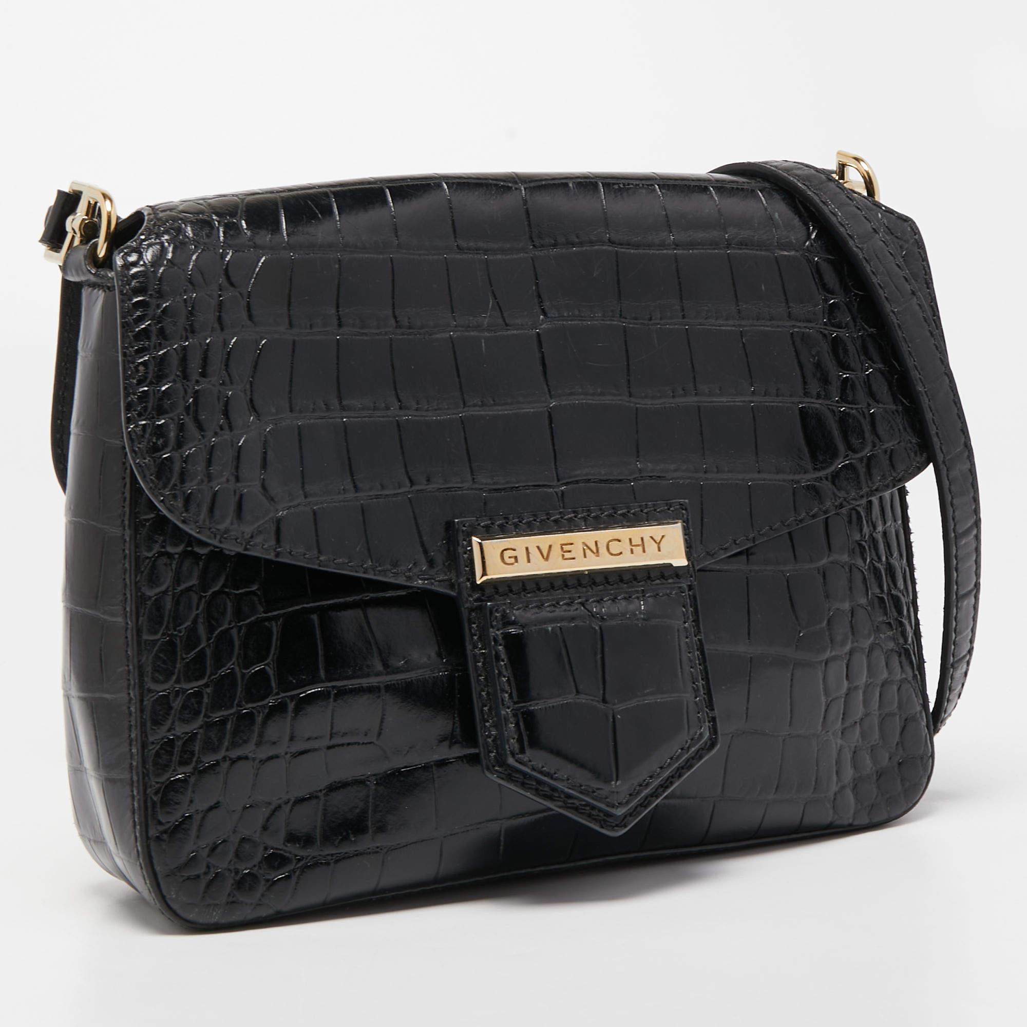 Women's Givenchy Black Croc Embossed Leather Nobile Crossbody Bag