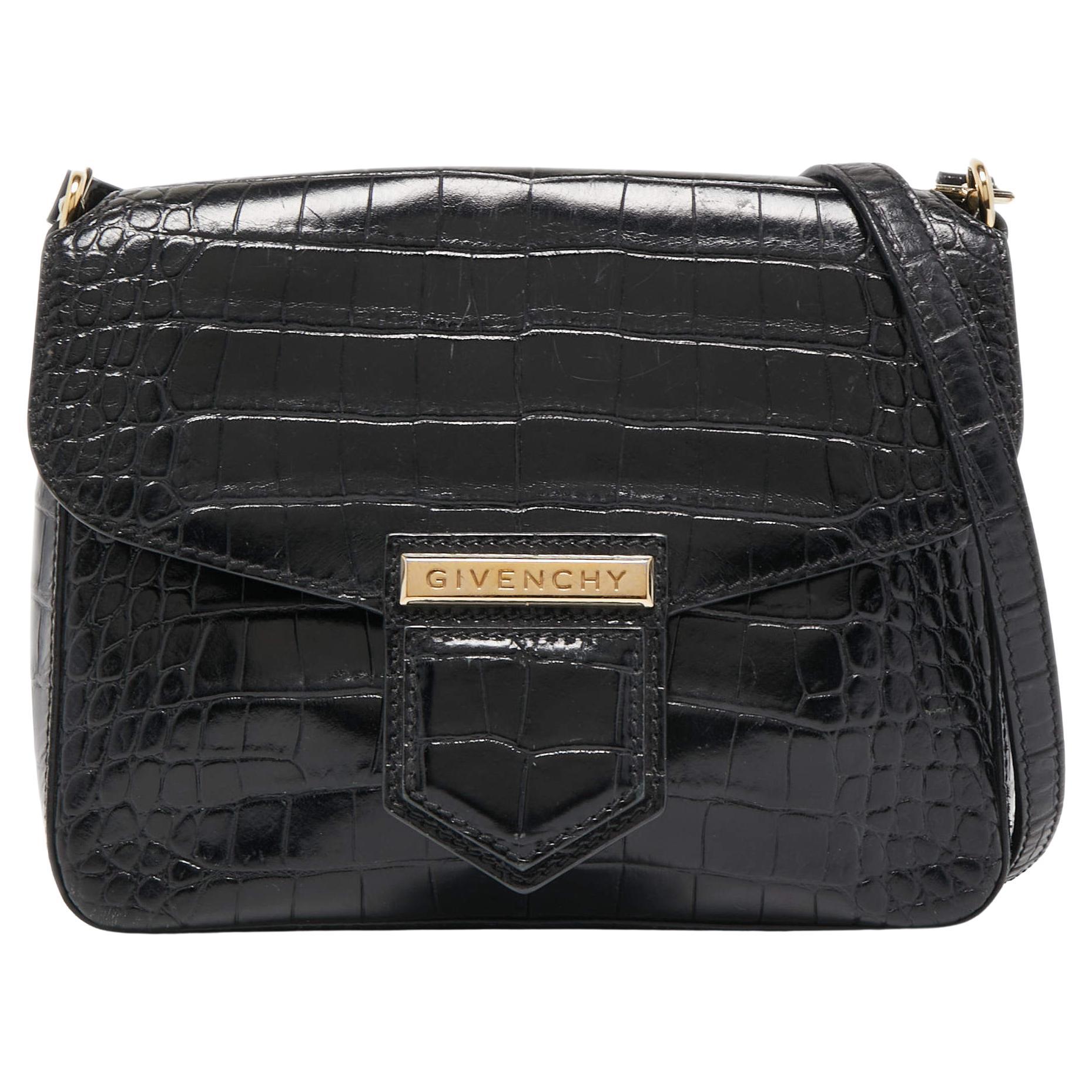 Givenchy Black Croc Embossed Leather Nobile Crossbody Bag