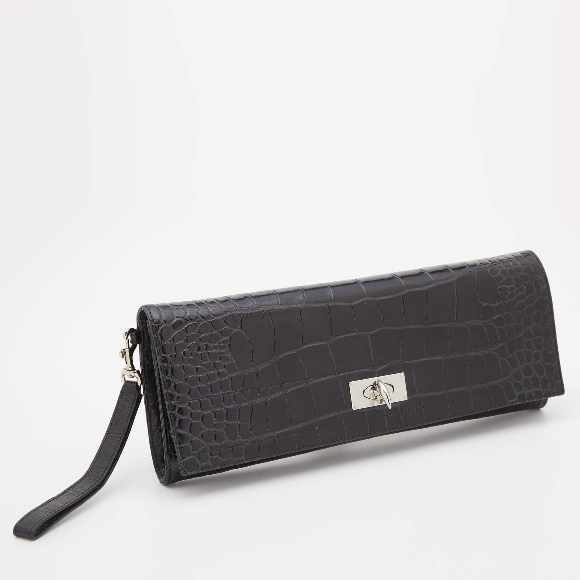 Women's Givenchy Black Croc Embossed Leather Shark Tooth Long Wristlet Clutch