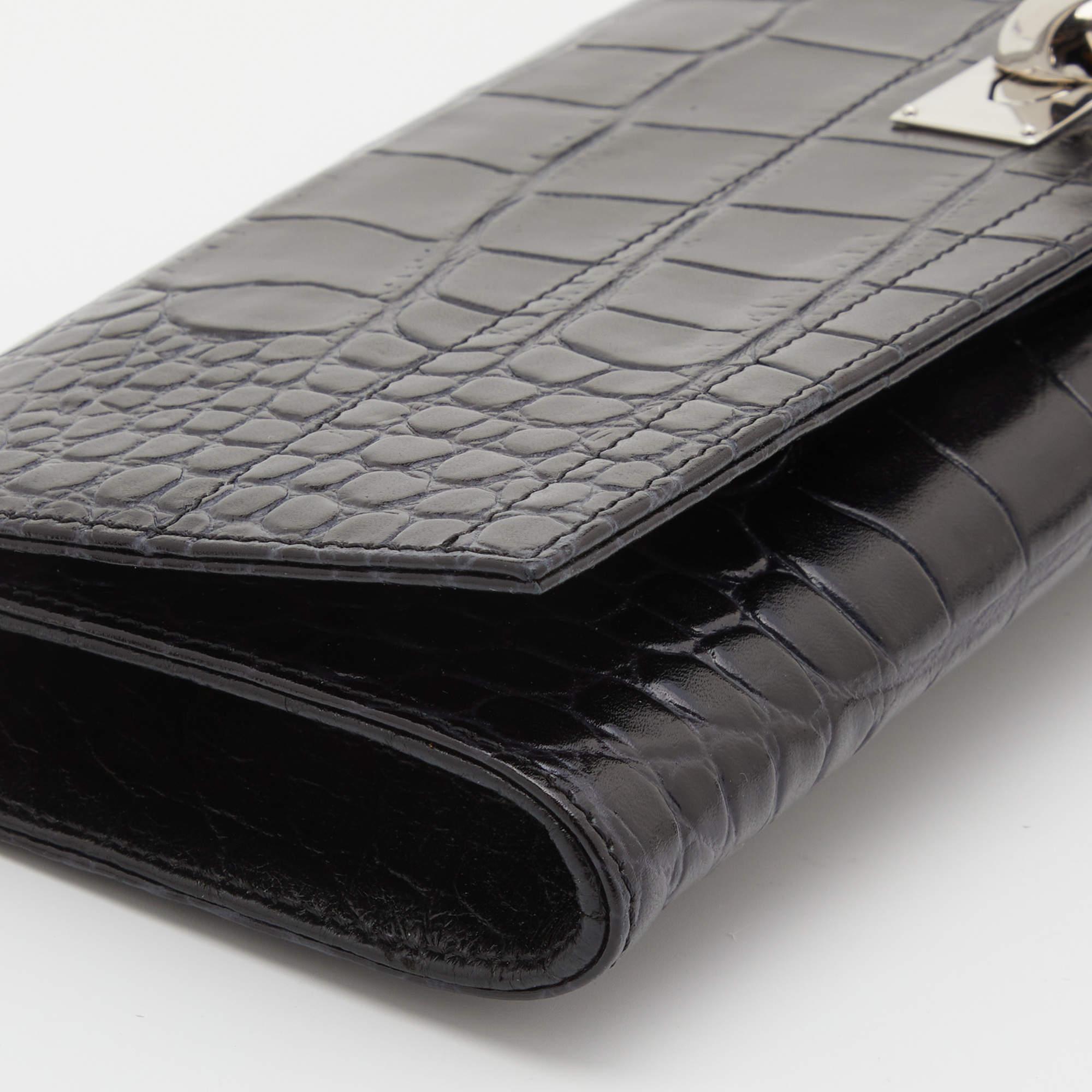 Givenchy Black Croc Embossed Leather Shark Tooth Long Wristlet Clutch 1