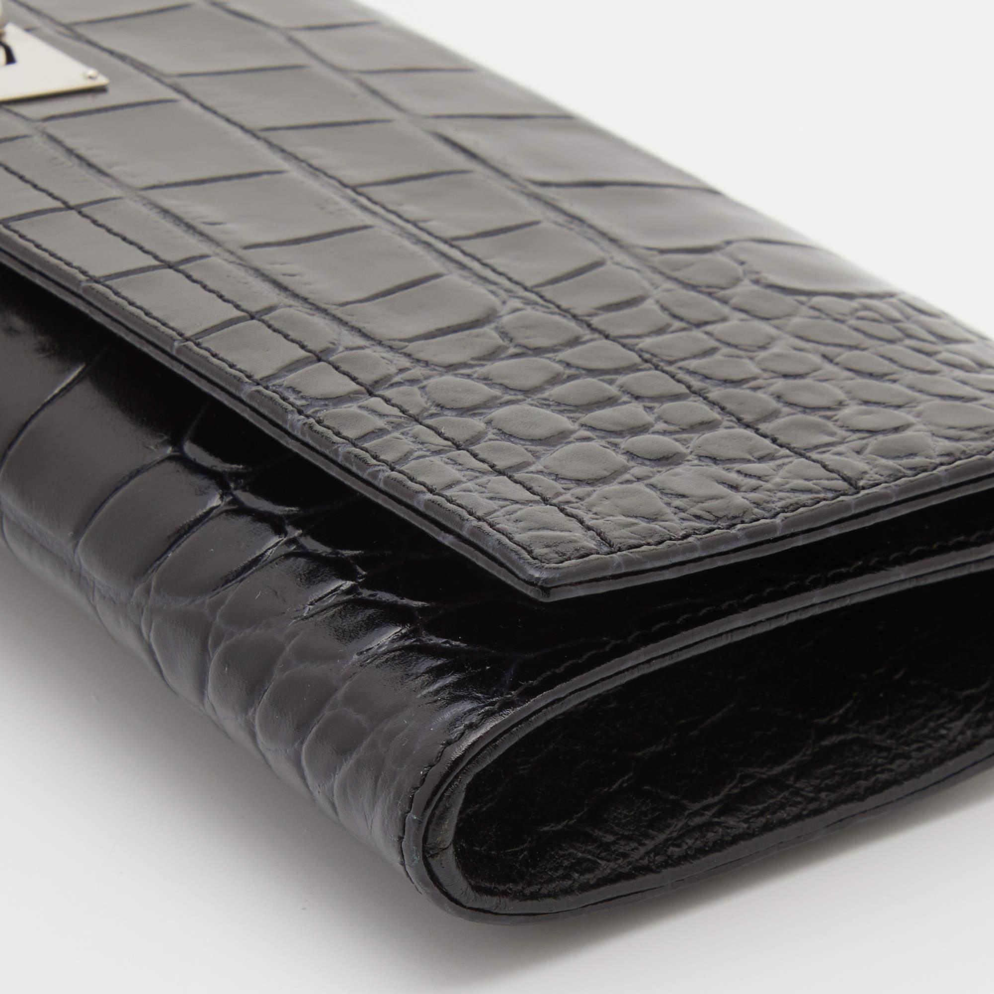 Givenchy Black Croc Embossed Leather Shark Tooth Long Wristlet Clutch 2
