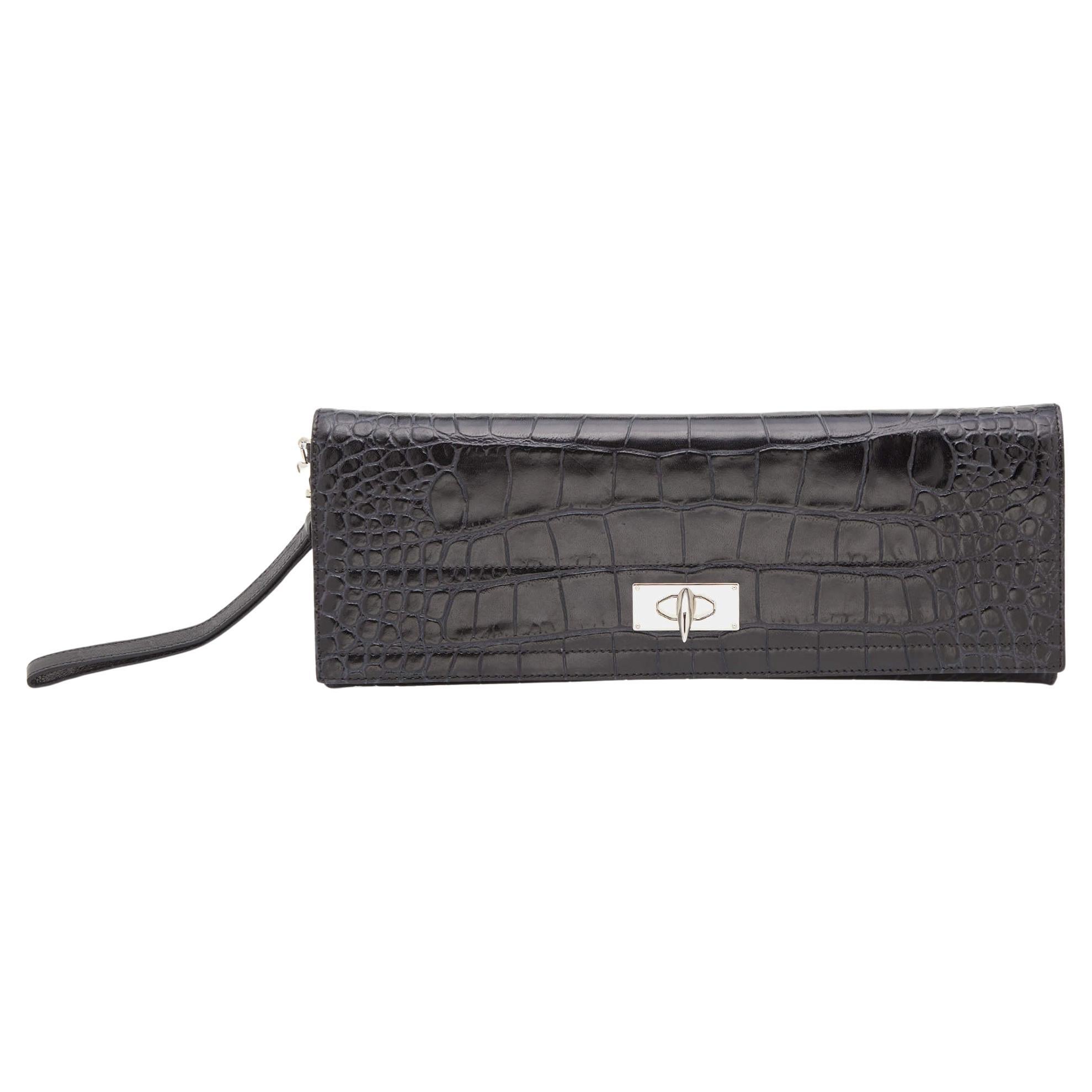 Givenchy Black Croc Embossed Leather Shark Tooth Long Wristlet Clutch
