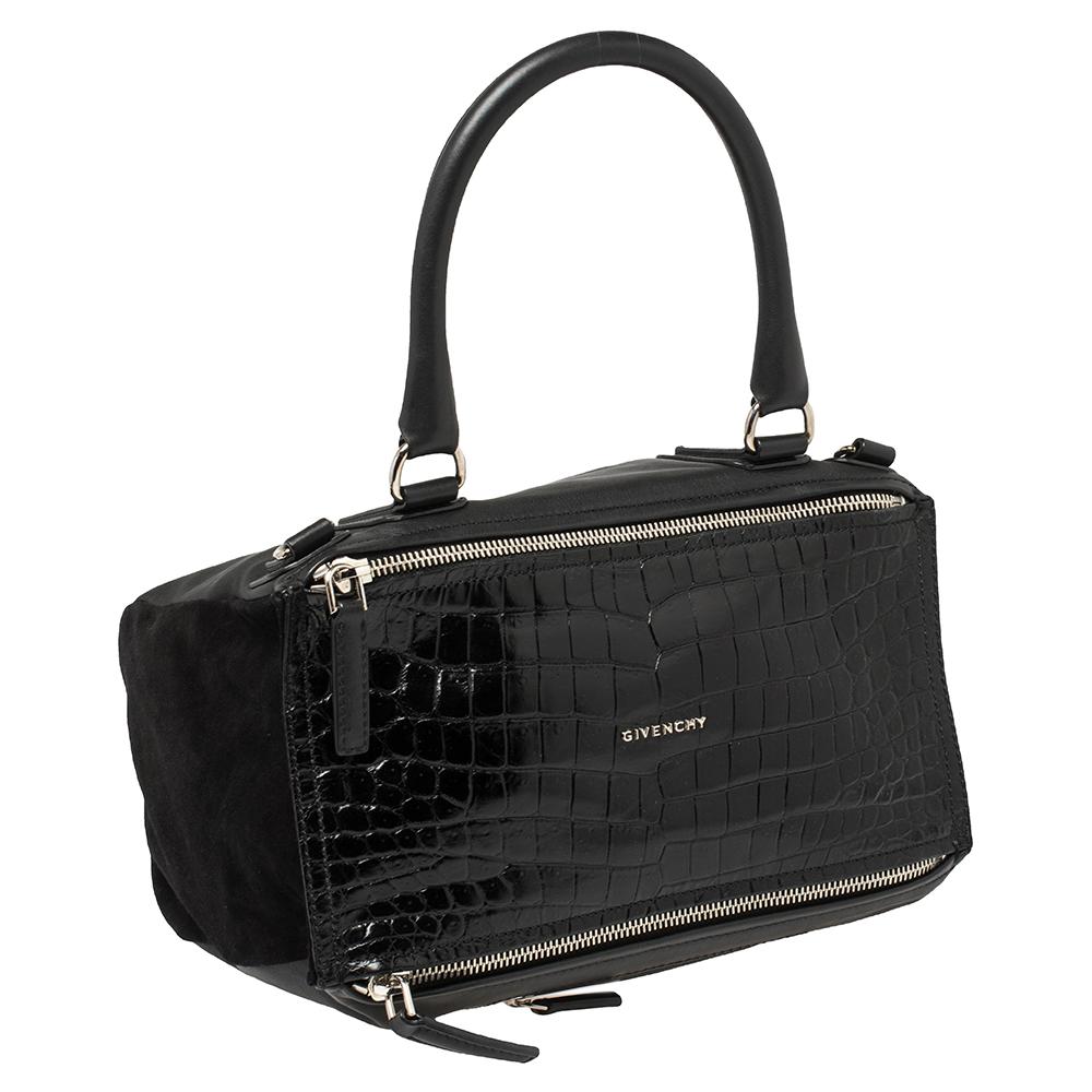 Givenchy Black Croc Embossed , Suede and Leather Large Pandora Shoulder Bag In Good Condition In Dubai, Al Qouz 2