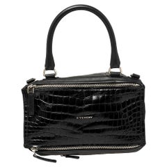 Givenchy Black Croc Embossed , Suede and Leather Large Pandora Shoulder Bag