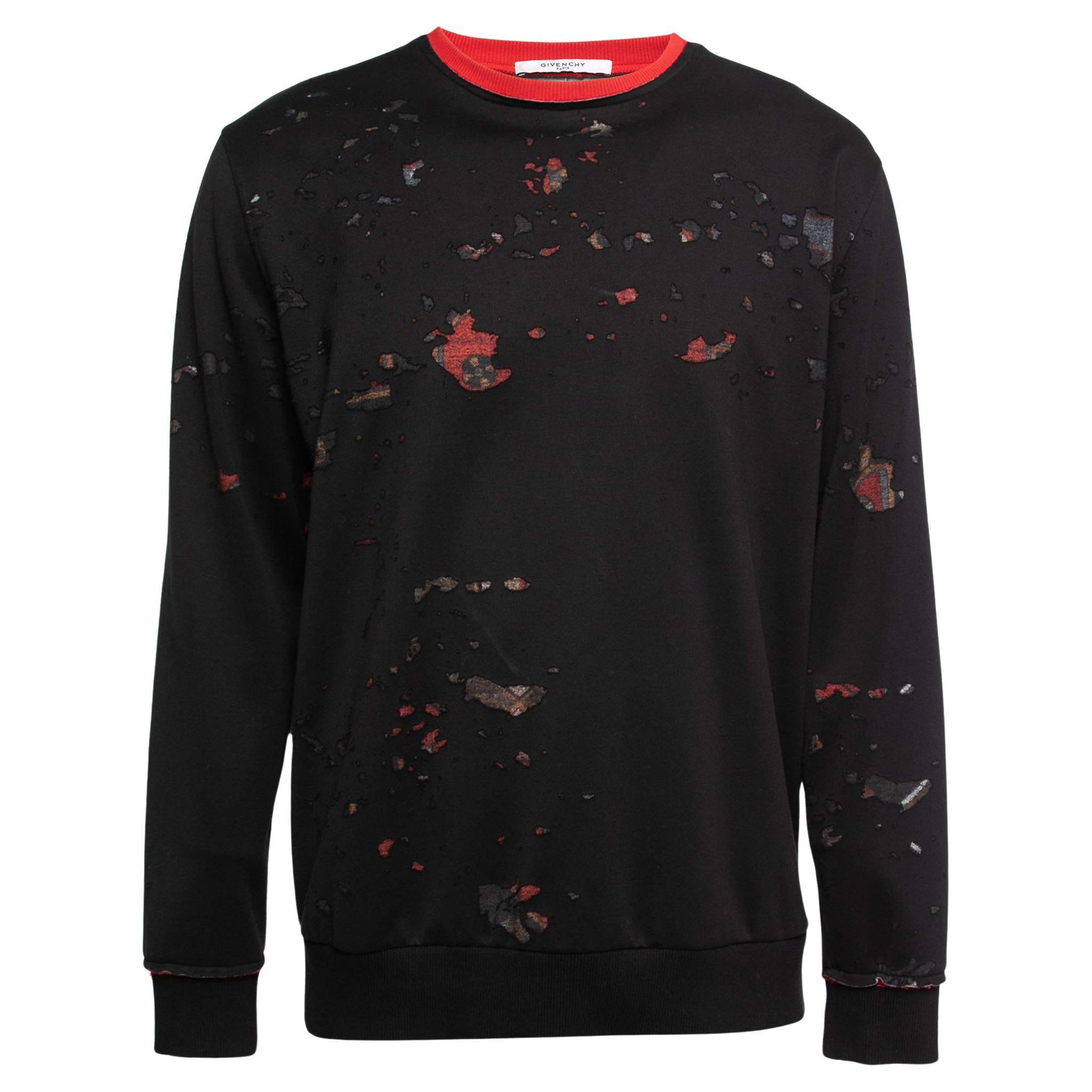 Givenchy Black Distressed Cotton Crewneck Sweatshirt XS For Sale
