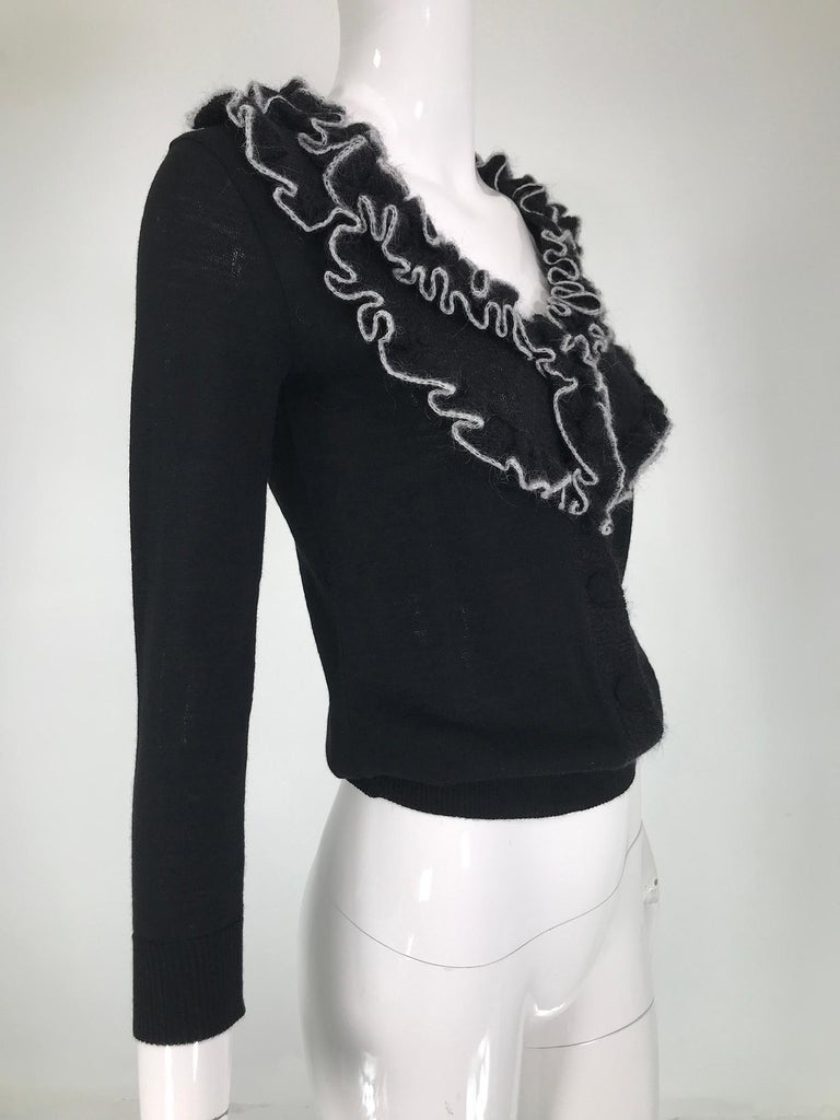 Givenchy Black Fine Wool Knit with white Angora Trim Wide Ruffle Collar Sweater  For Sale 7