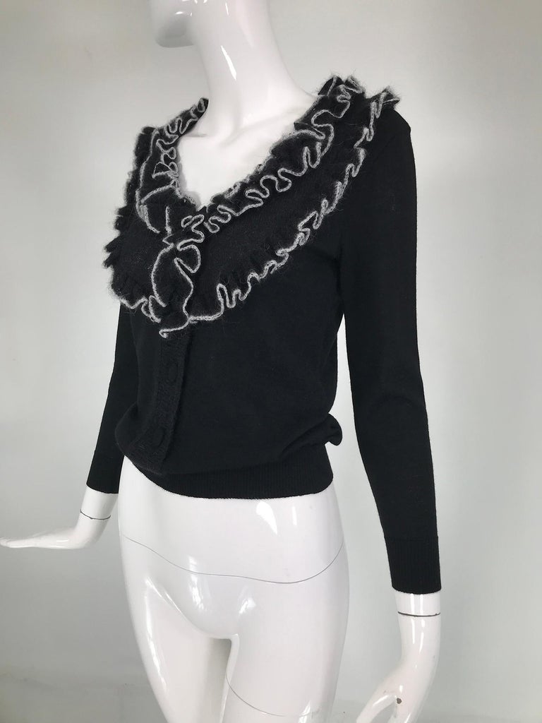 Givenchy Black Fine Wool Knit with white Angora Trim Wide Ruffle Collar Sweater  In Good Condition For Sale In West Palm Beach, FL