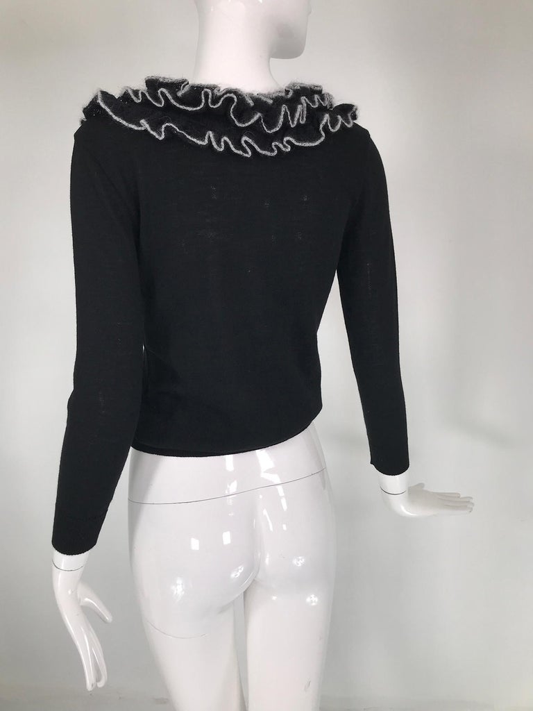 Givenchy Black Fine Wool Knit with white Angora Trim Wide Ruffle Collar Sweater  For Sale 2