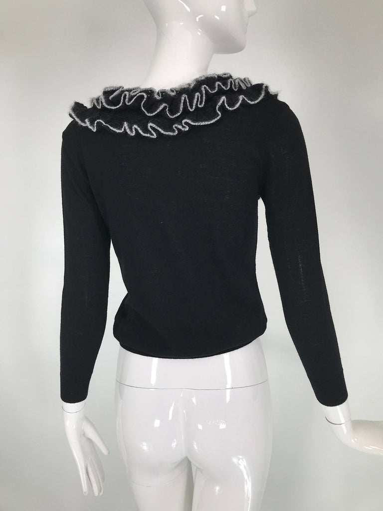 Givenchy Black Fine Wool Knit with white Angora Trim Wide Ruffle Collar Sweater  For Sale 3