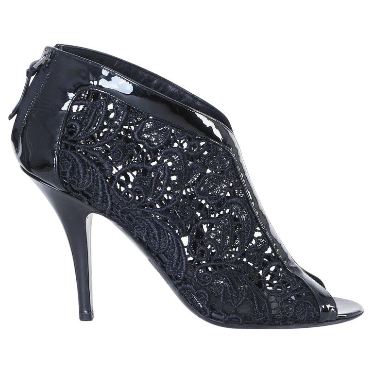 GIVENCHY black floral lace patent leather peep toe booties heels EU37.5 ...