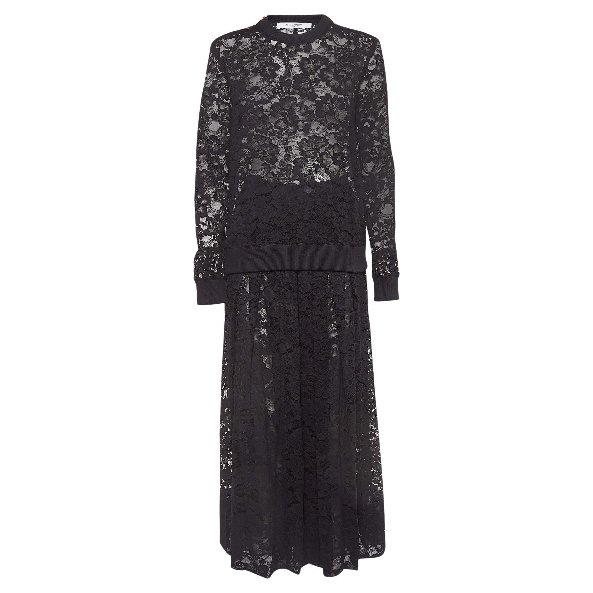Givenchy ensemble haut et pantalon en dentelle florale noire semi-transparente M en vente