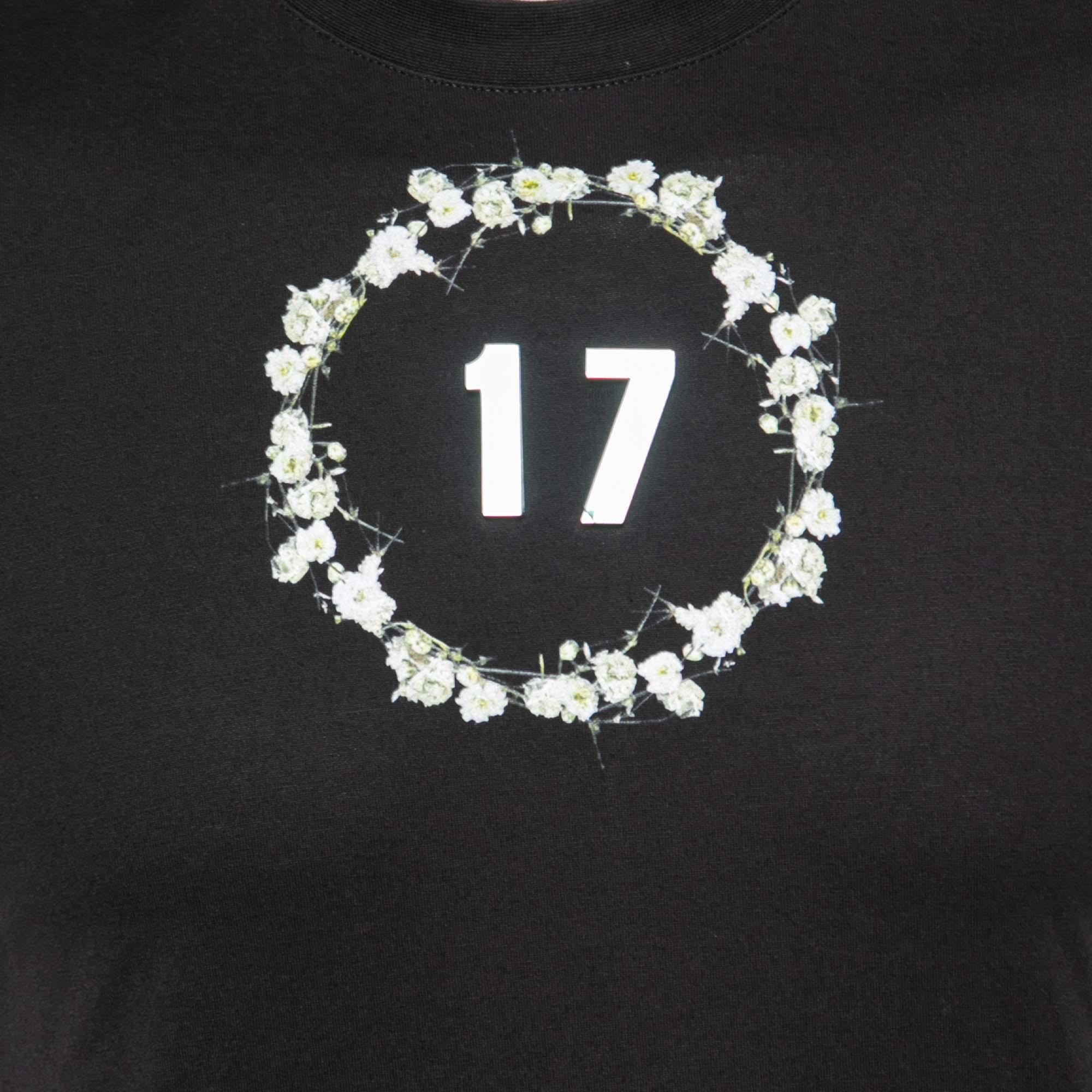 Men's Givenchy Black Floral Printed Cotton Metal 17 Detail Crewneck T-Shirt XS