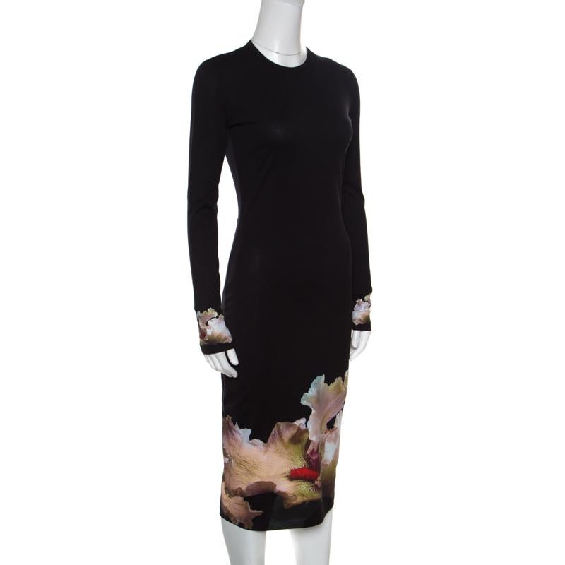 Opt for this Givenchy dress if you are looking for something feminine and classy. This black dress has everything that makes it an elegant and voguish piece. Styled with beautiful floral prints, the bodycon dress, with long sleeves, is complete with