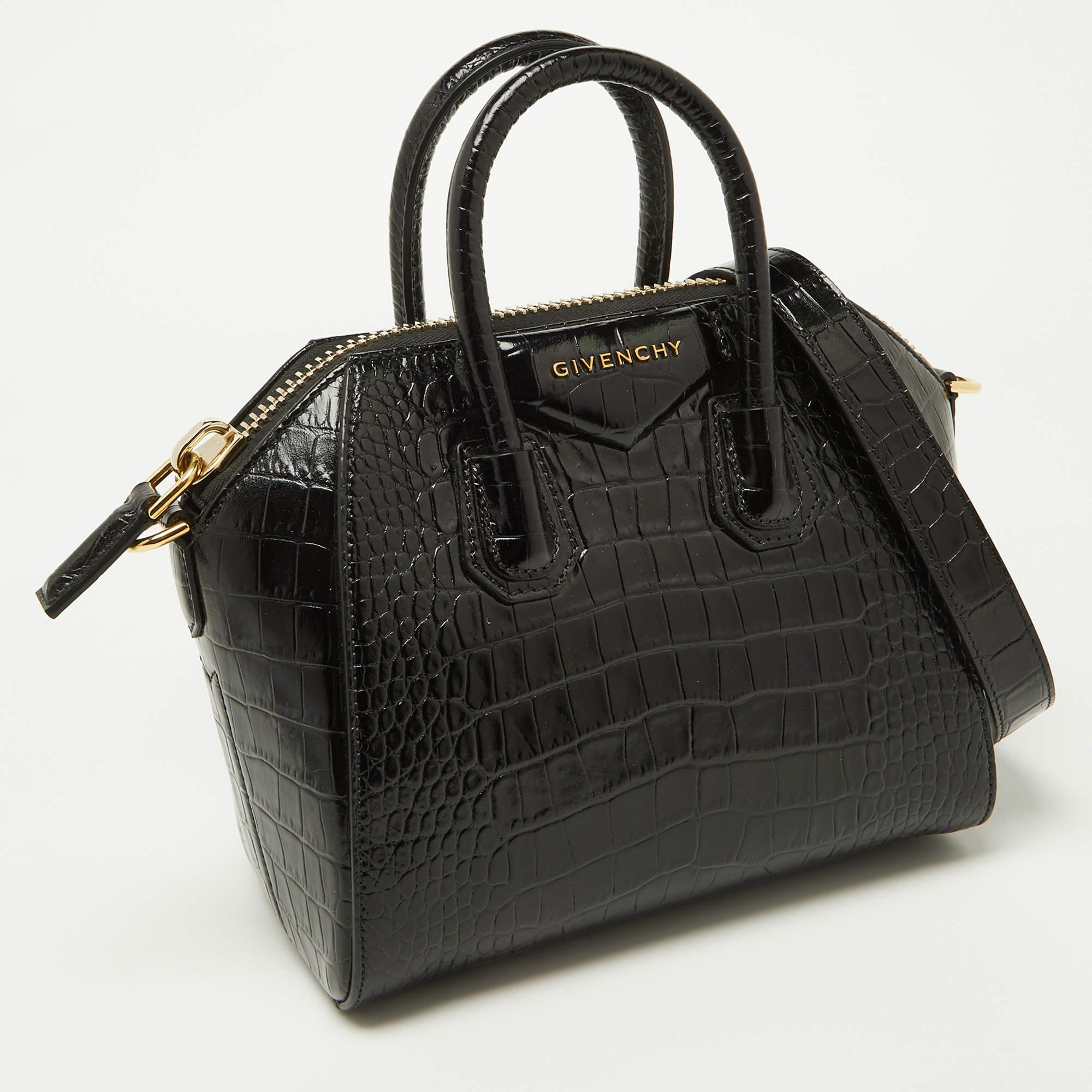 Givenchy Black Glossy Croc Embossed Leather Mini Antigona Satchel 4