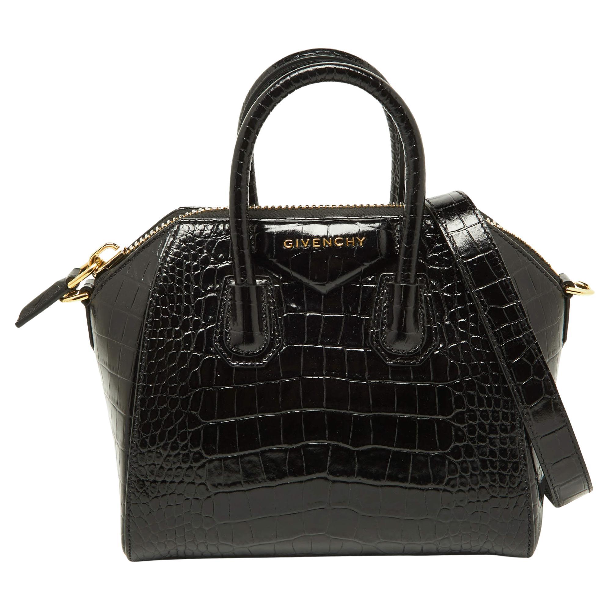 Givenchy Black Glossy Croc Embossed Leather Mini Antigona Satchel