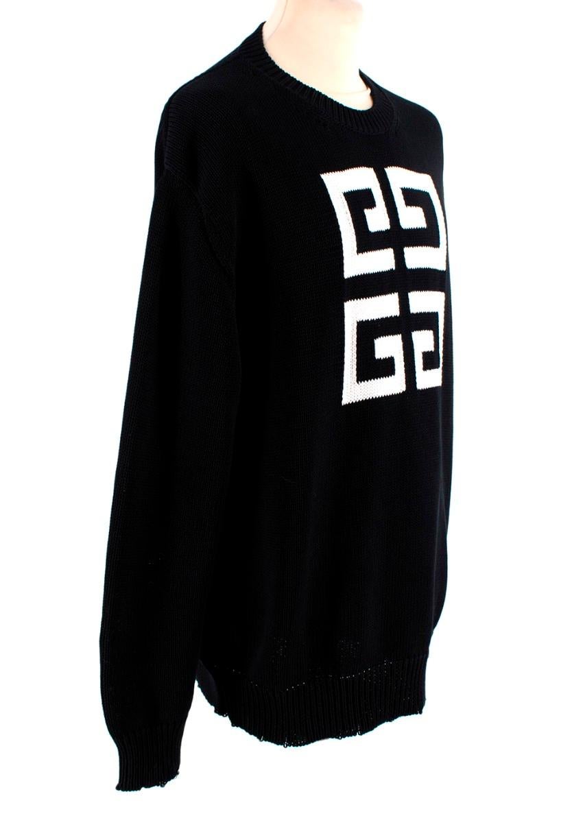 Givenchy Black Intarsia Knit White Logo Sweater
 

 - Black cotton intarsia-knit with the white '4G' emblem to the front and 'Givenchy Paris' to the back
 - Distressed ribbed cuffs and hem
 - Ribbed crewneck, relaxed fit
 

 Materials:
 100% Cotton
