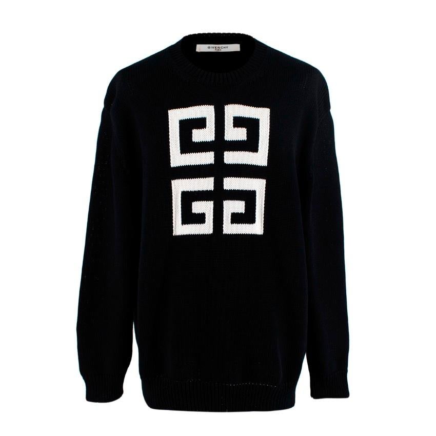 Givenchy Black Intarsia Knit White Logo Sweater - US 6 For Sale