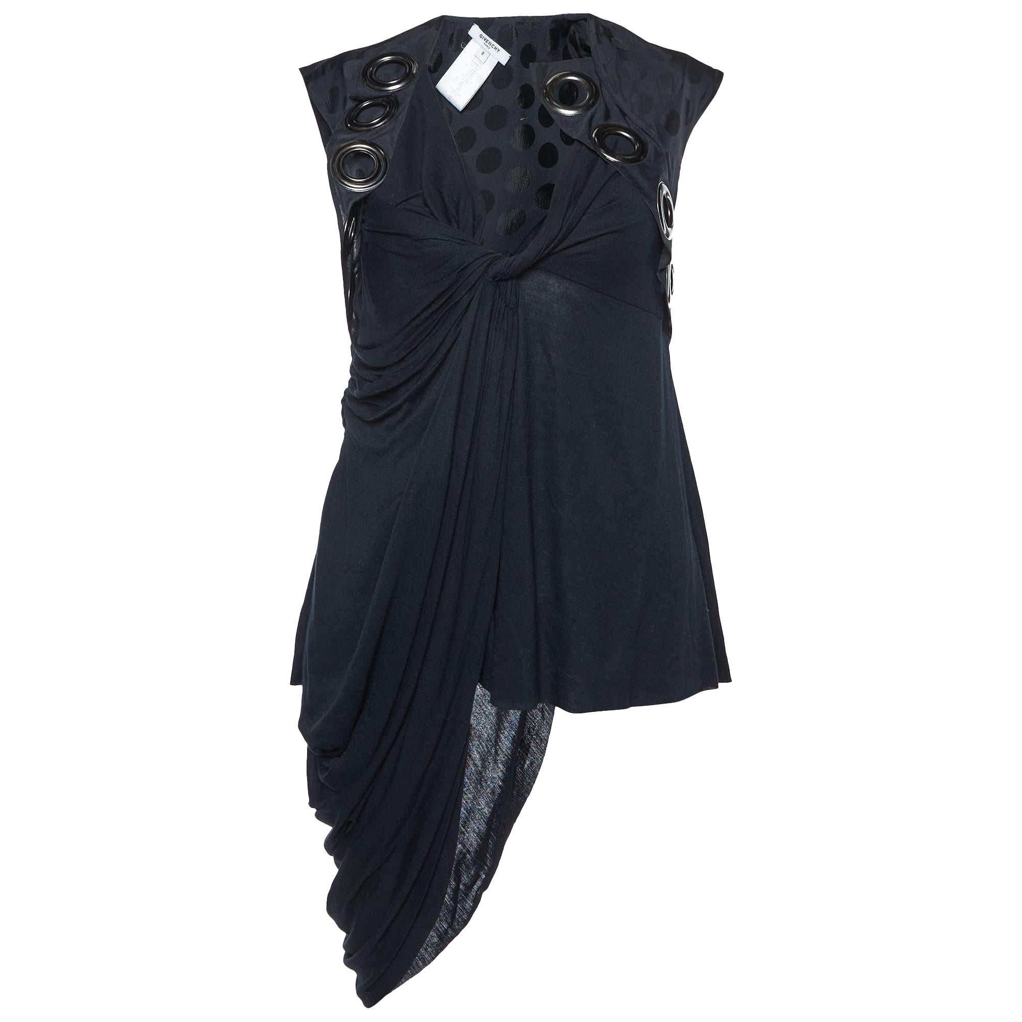 Givenchy Black Jersey and Silk Grommet Detail Asymmetric Top S