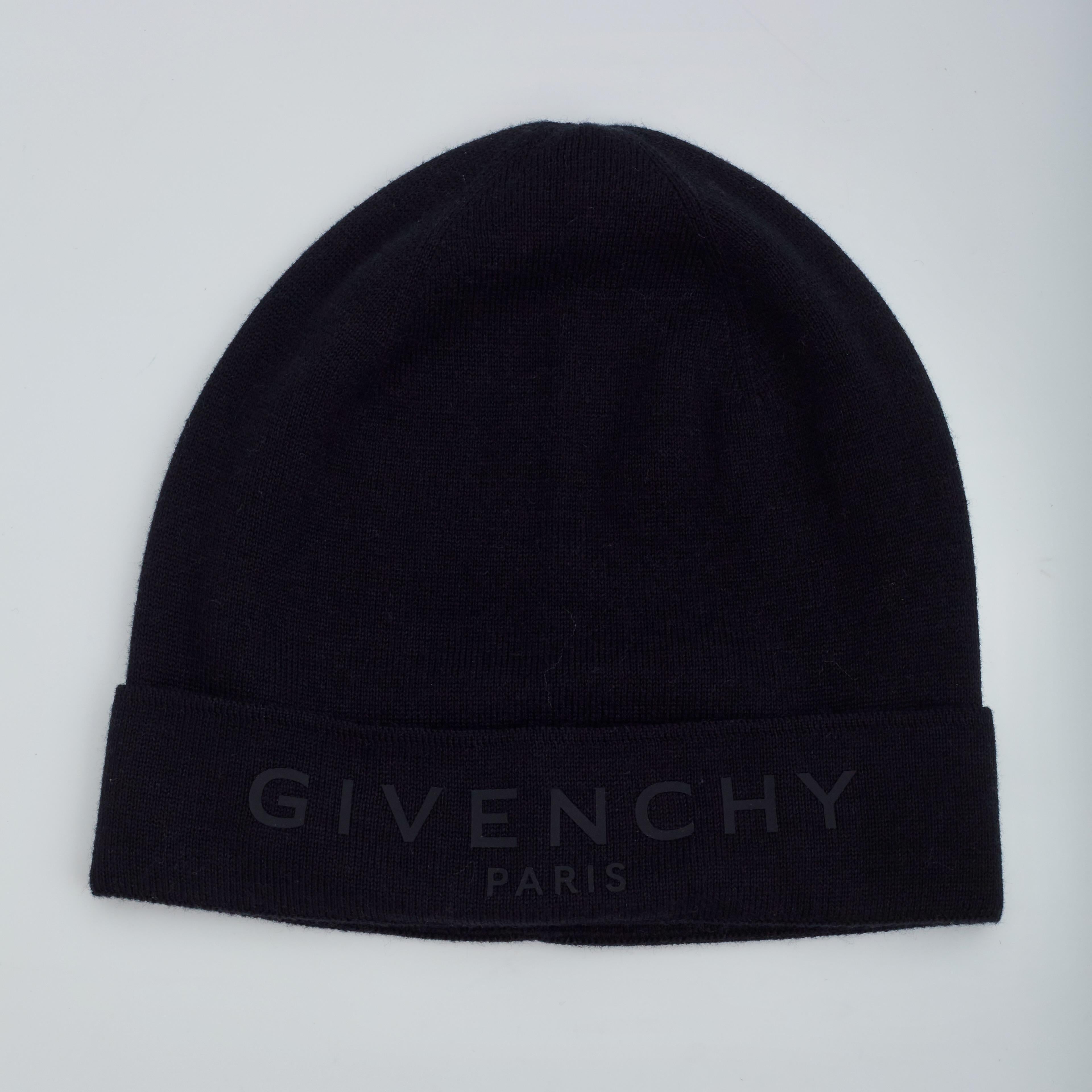 Women's Givenchy Black Knit Cotton Black Logo Beanie For Sale