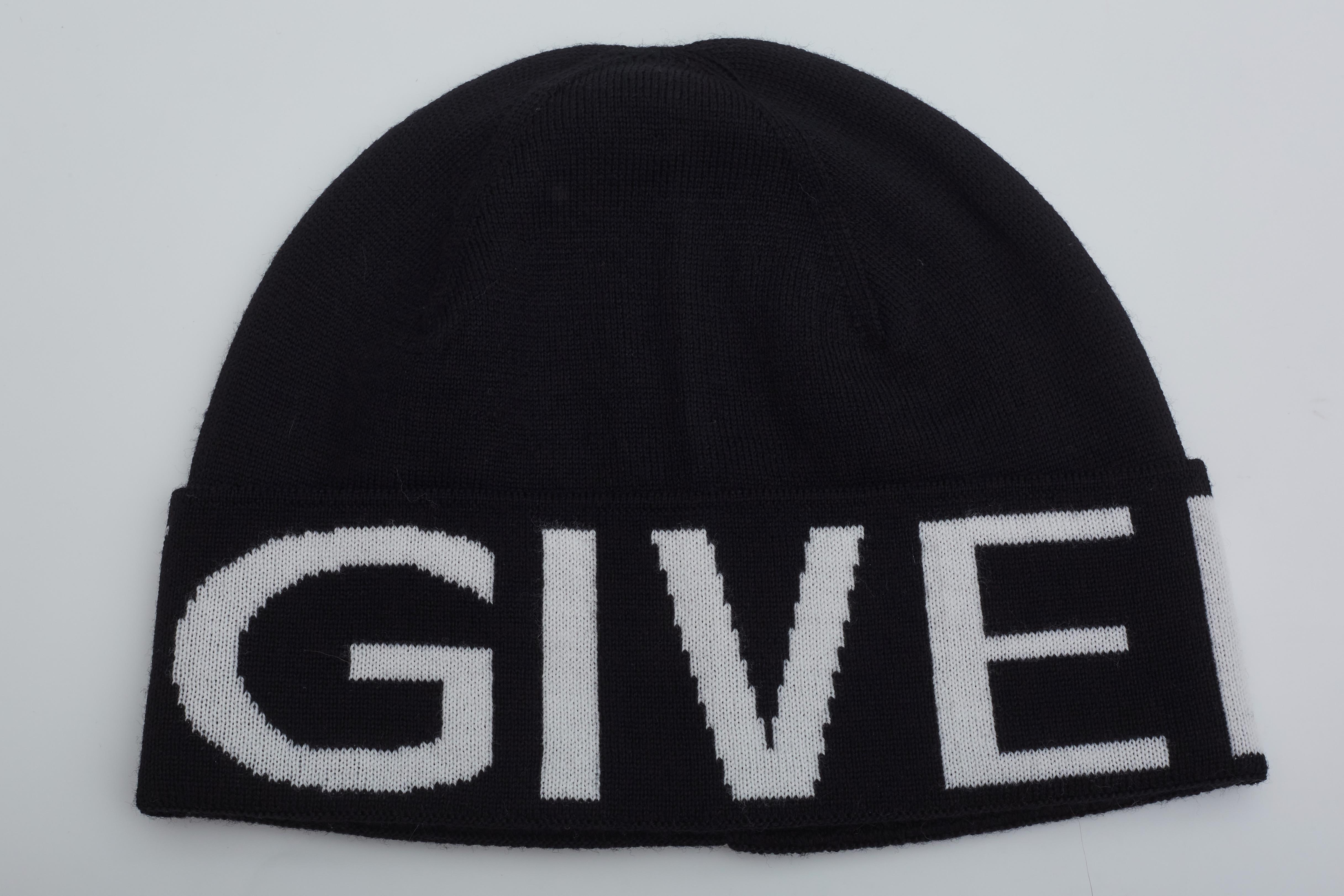 Women's Givenchy Black Knit Wool Beanie With White Logo For Sale