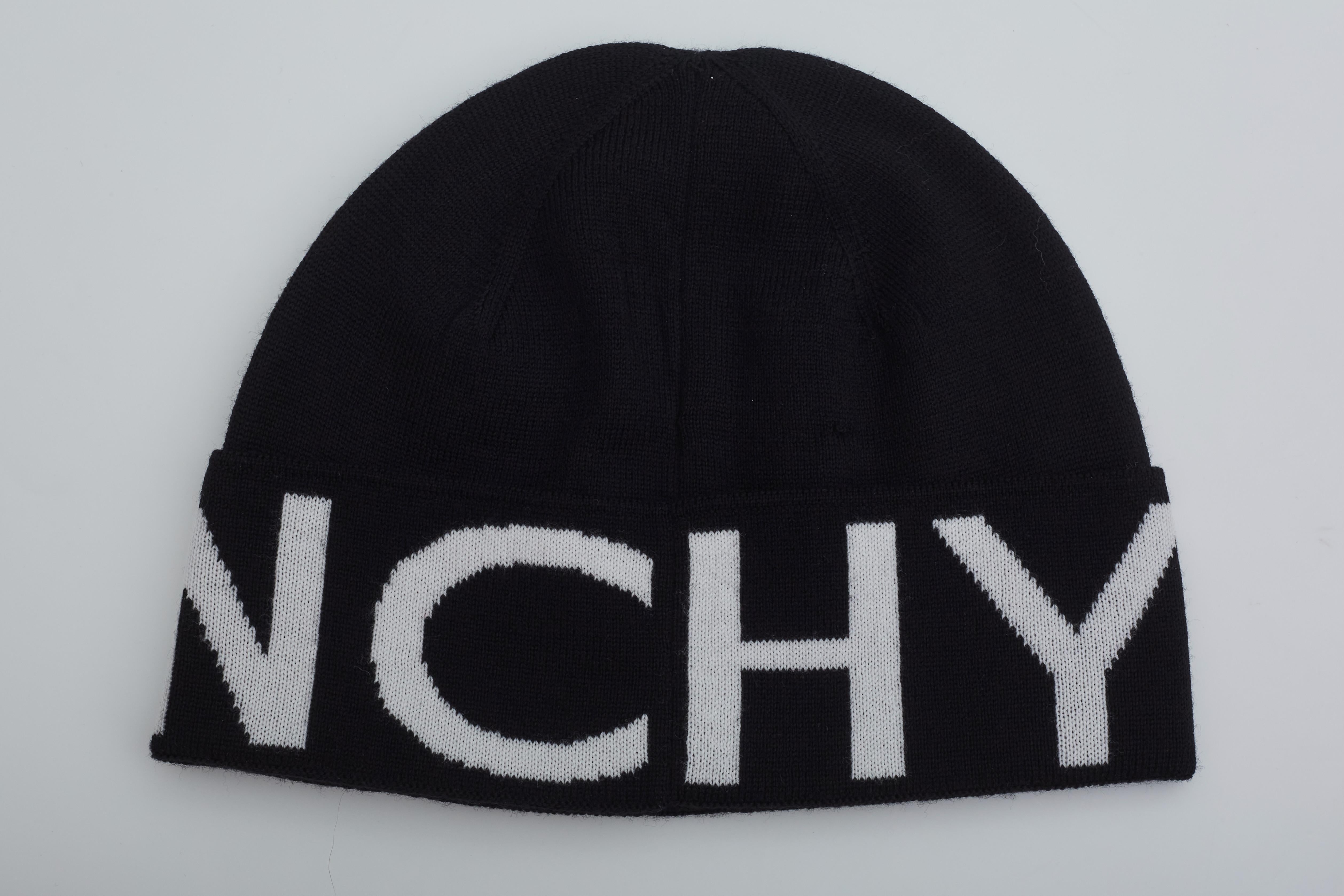 Givenchy Black Knit Wool Beanie With White Logo For Sale 1