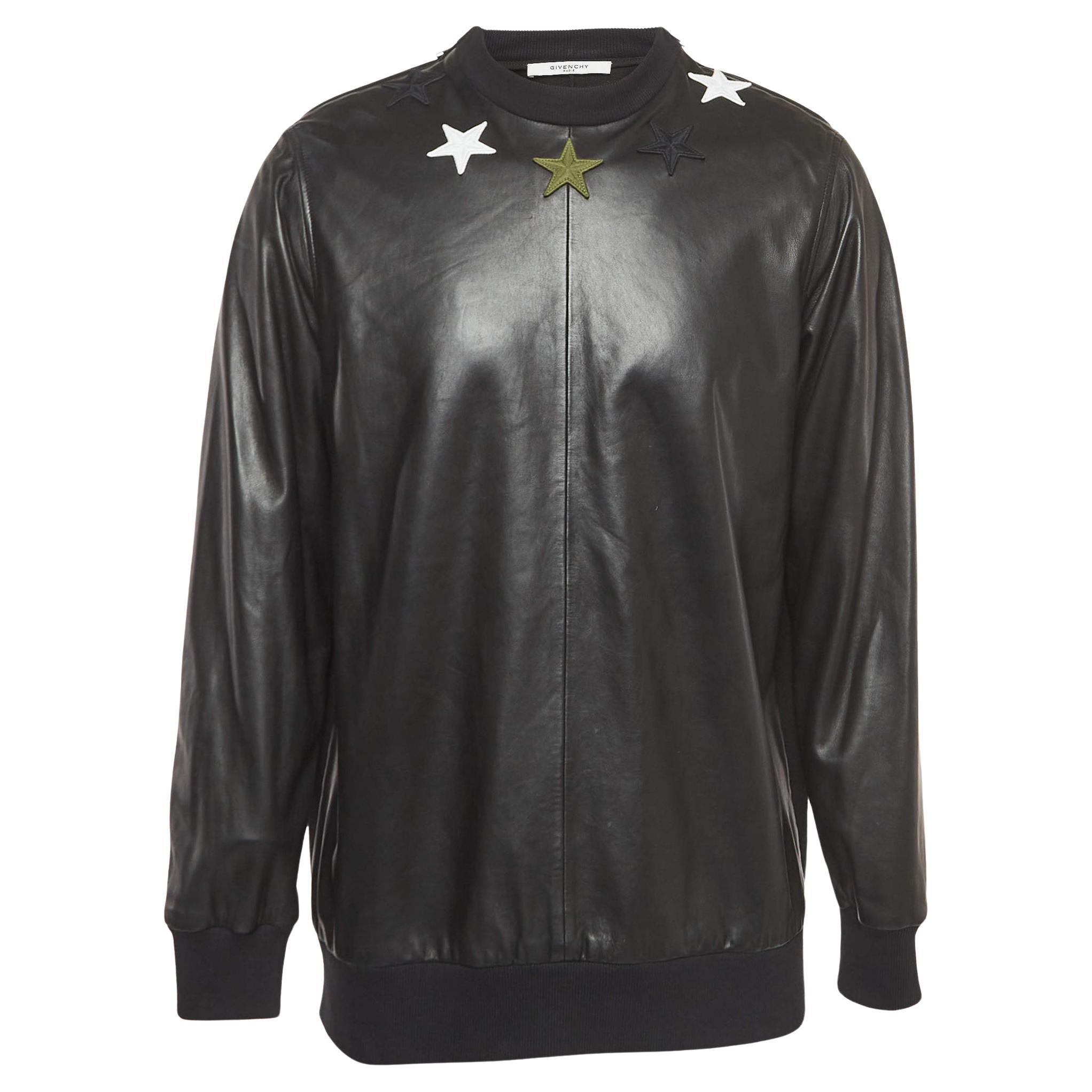 Givenchy Black Lambskin & Neoprene Star Embroidered Sweatshirt M For Sale
