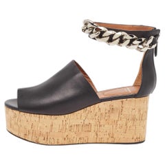 Givenchy Black Leather Chain Ankle Cuff Cork Wedge Sandals Size 36