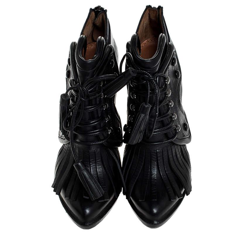 Givenchy Black Leather Fringe Lace Up Booties Size 37 For Sale 7